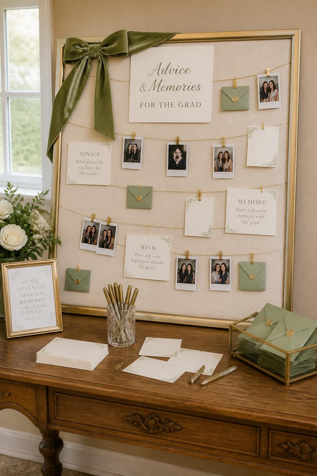 A realistic DSLR photo of a creative graduation party advice wall with instant photos clipped to thin gold wire, printed prompt cards, mini envelopes, velvet ribbon, a wooden table with pens and blank cards, soft cream and sage green decor, fresh flowers, daylight from a nearby window, no people, realistic editorial party setup.