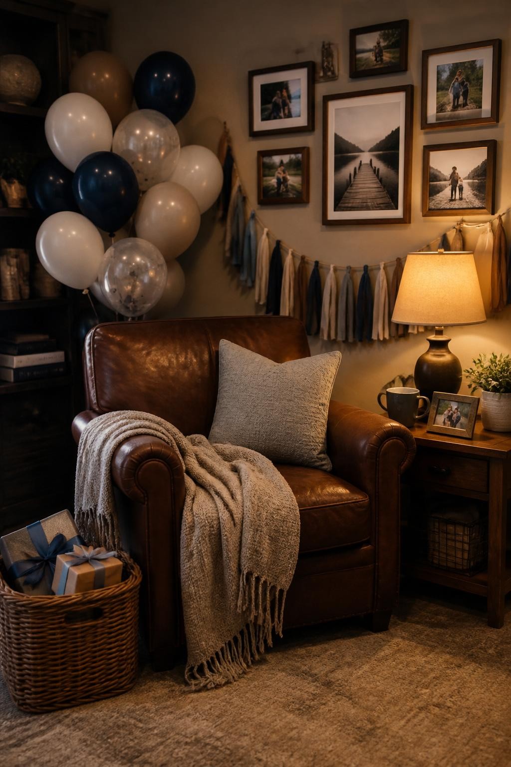Image Prompt:
A single realistic photo of a cozy Father’s Day backdrop styled like a warm living room corner, with a leather armchair, wooden side table, framed family photos, soft throw blanket, warm lamp light, neutral balloon cluster, indoor home celebration setting, no people, no faces, realistic lifestyle photography, no readable text, no watermark.