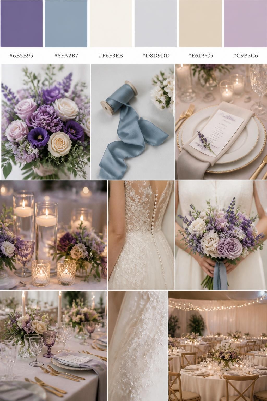 Image Prompt:
A realistic wedding palette board featuring a top row of color swatches and hex codes in medium purple, dusty blue, ivory, pale gray, warm beige, and soft mauve. Below, show a polished collage of wedding visuals: purple flowers, dusty blue ribbon, ivory place settings, candlelit centerpieces, cropped dress detail shots, bouquet styling in hands-only composition, and no-people reception tables glowing in soft light. Avoid showing faces by using back angles, side crops, waist-up detail framing, and no-people scenes. The collage should feel soft, airy, romantic, and polished with DSLR-quality detail. 9:16 vertical format. (no watermarks on images)