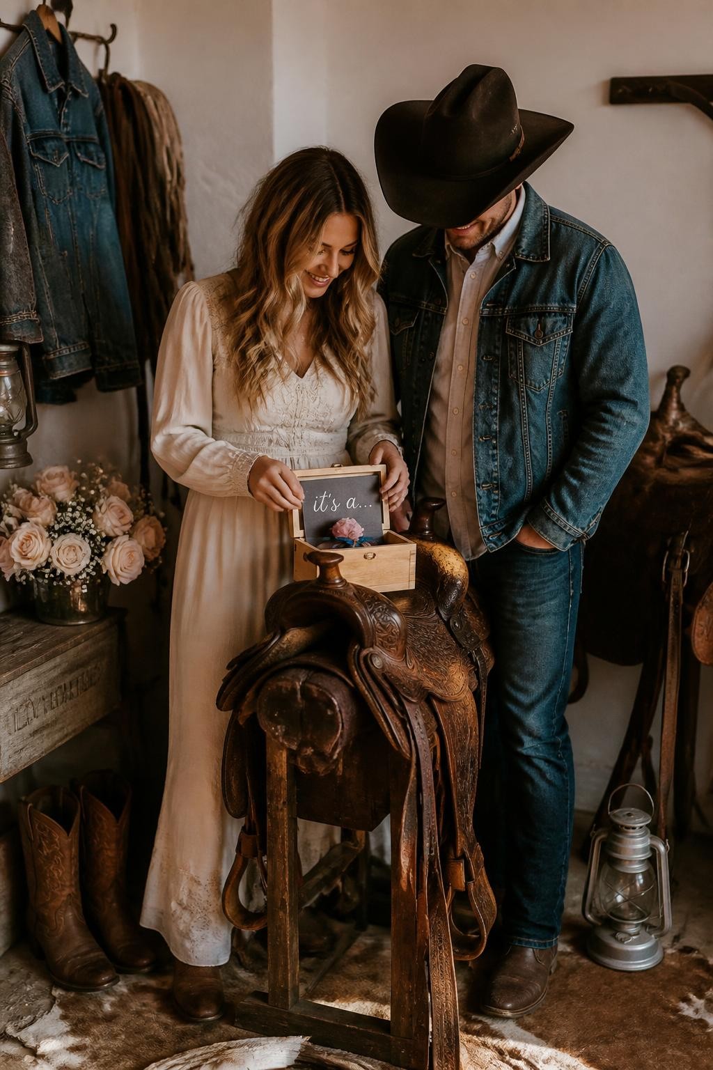 A realistic editorial photo of a western gender reveal styled in a rustic tack room or ranch-inspired corner, leather saddle on a wooden stand, cowboy boots, denim jacket, lanterns, soft florals, parents opening a small keepsake box resting on the saddle seat, warm rustic lighting, editorial lifestyle photography, vertical image