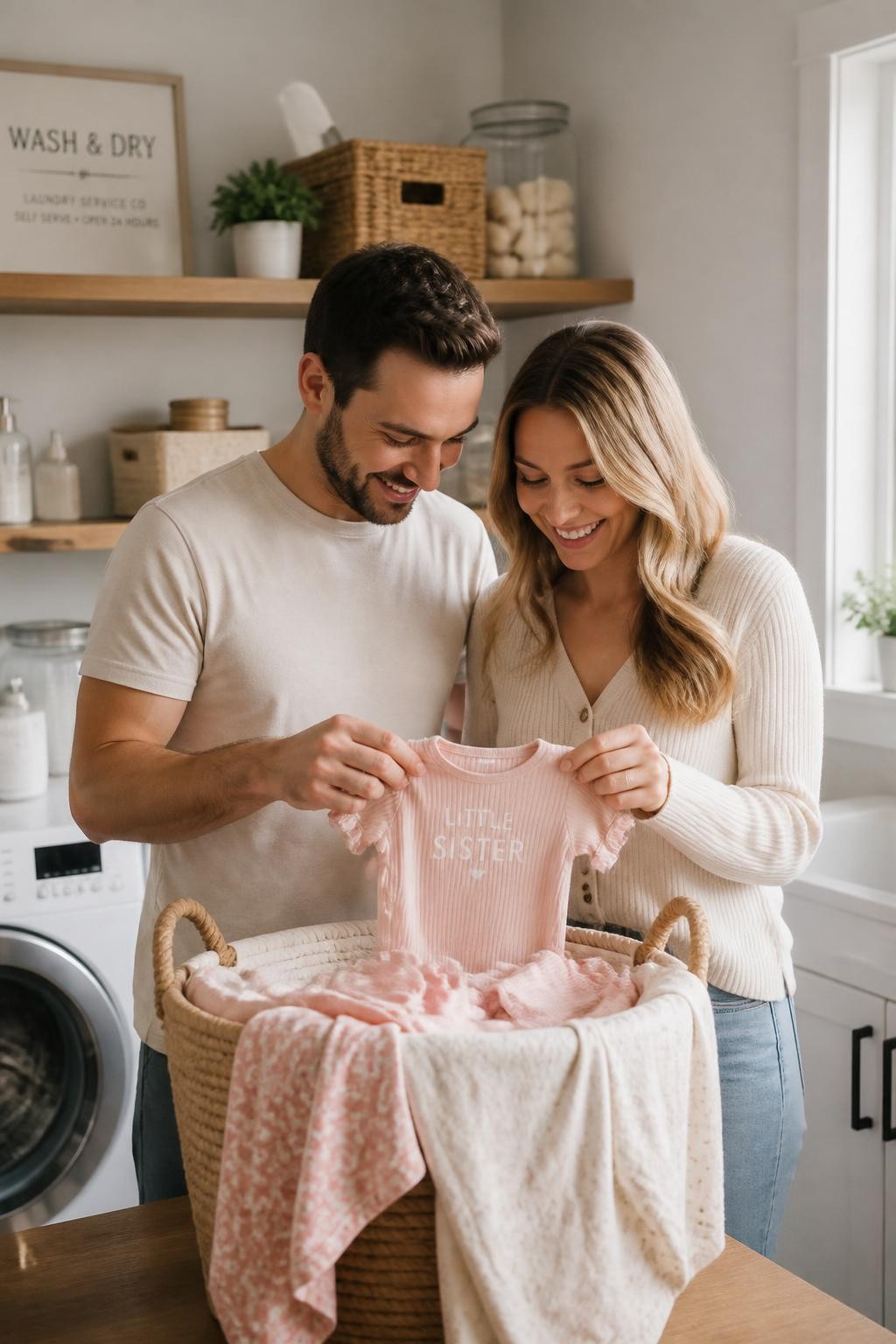 A realistic editorial photo of a bright home laundry room gender reveal, woven laundry basket filled with tiny baby clothes, neutral towels, soft sunlight, parents pulling out a folded baby outfit in one reveal color, shelves with clean decor, cozy intimate atmosphere, realistic lifestyle photography, vertical composition