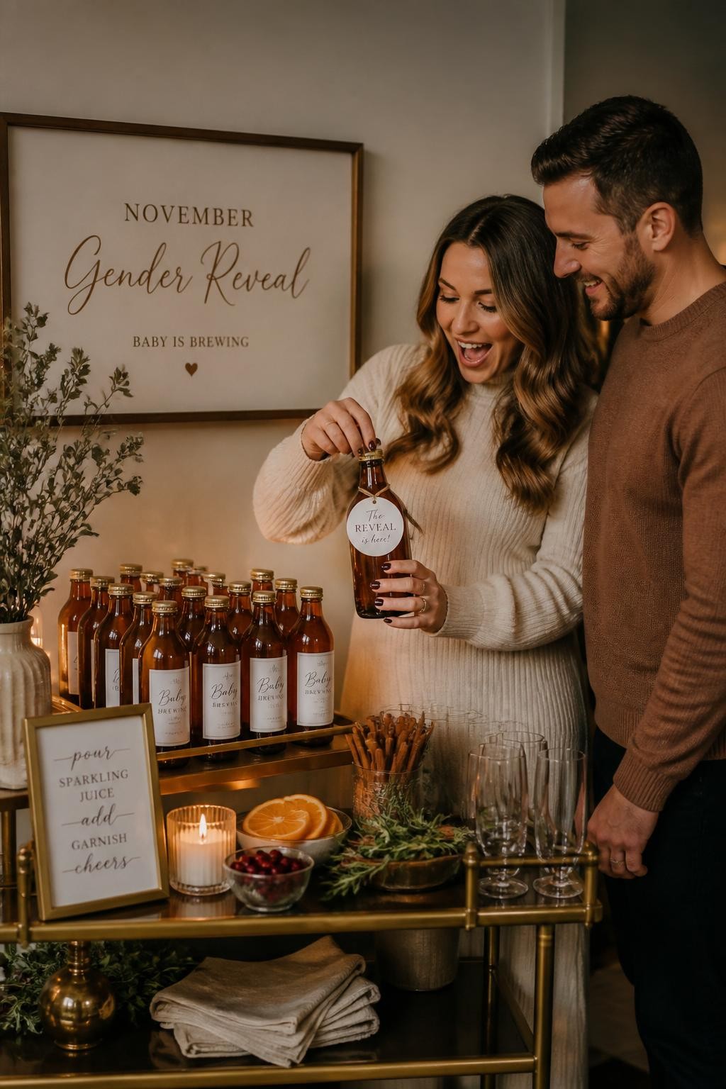 A realistic editorial photo of a chic gender reveal drink station for November, amber glass bottles, sparkling mocktails, cinnamon sticks, rosemary, orange slices, linen napkins, parents opening one special bottle with a hidden reveal tag around the neck, warm candlelit bar cart styling, vertical DSLR image