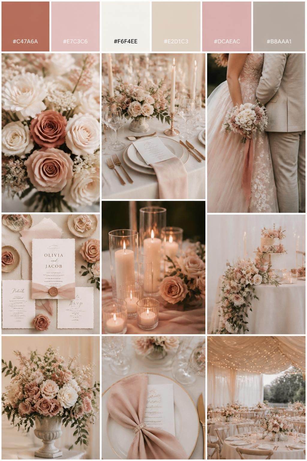 Image Prompt:
A realistic wedding palette mood board in a polished Pinterest collage layout. Include a top strip of color swatches with hex codes in cinnamon rose, blush pink, ivory, warm beige, dusty rose, and soft taupe. Below, show a soft romantic collage with blush roses, cinnamon rose accents, ivory table styling, invitation flat lays, candlelit details, a side-view cropped couple shot with no faces visible, bouquet close-ups, and softly lit decor scenes. Keep variety in the compositions with no full faces, using back views, hands-only images, and no-people styling scenes. The mood should feel sweet, warm, and romantic with real DSLR photo quality. 9:16 vertical format. (no watermarks on images)