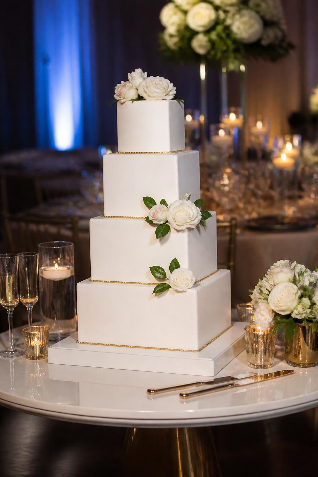 Image Prompt: Ultra-realistic wedding reception photo of a square tier modern wedding cake with sharp clean edges, elegant minimal detailing, and small refined accents such as flowers or subtle metallic trim. Place the cake on a polished cake table at a real wedding party scene with candles, florals, glassware, and upscale modern decor. The cake should be the clear main subject. No visible faces. If people appear, show only back views, cropped torsos, side views in soft blur, or hands near the cake table. Realistic fondant or buttercream texture, soft flattering light, DSLR editorial wedding photography. (no watermarks on images)