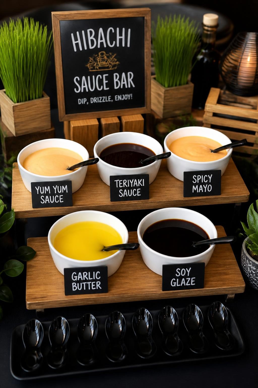 Image Prompt:
A realistic DSLR photo of a creative hibachi party sauce bar with labeled small bowls of yum yum sauce, teriyaki, spicy mayo, garlic butter, soy glaze, arranged on a wood and black display with tasting spoons, no people, fun upscale food party styling.