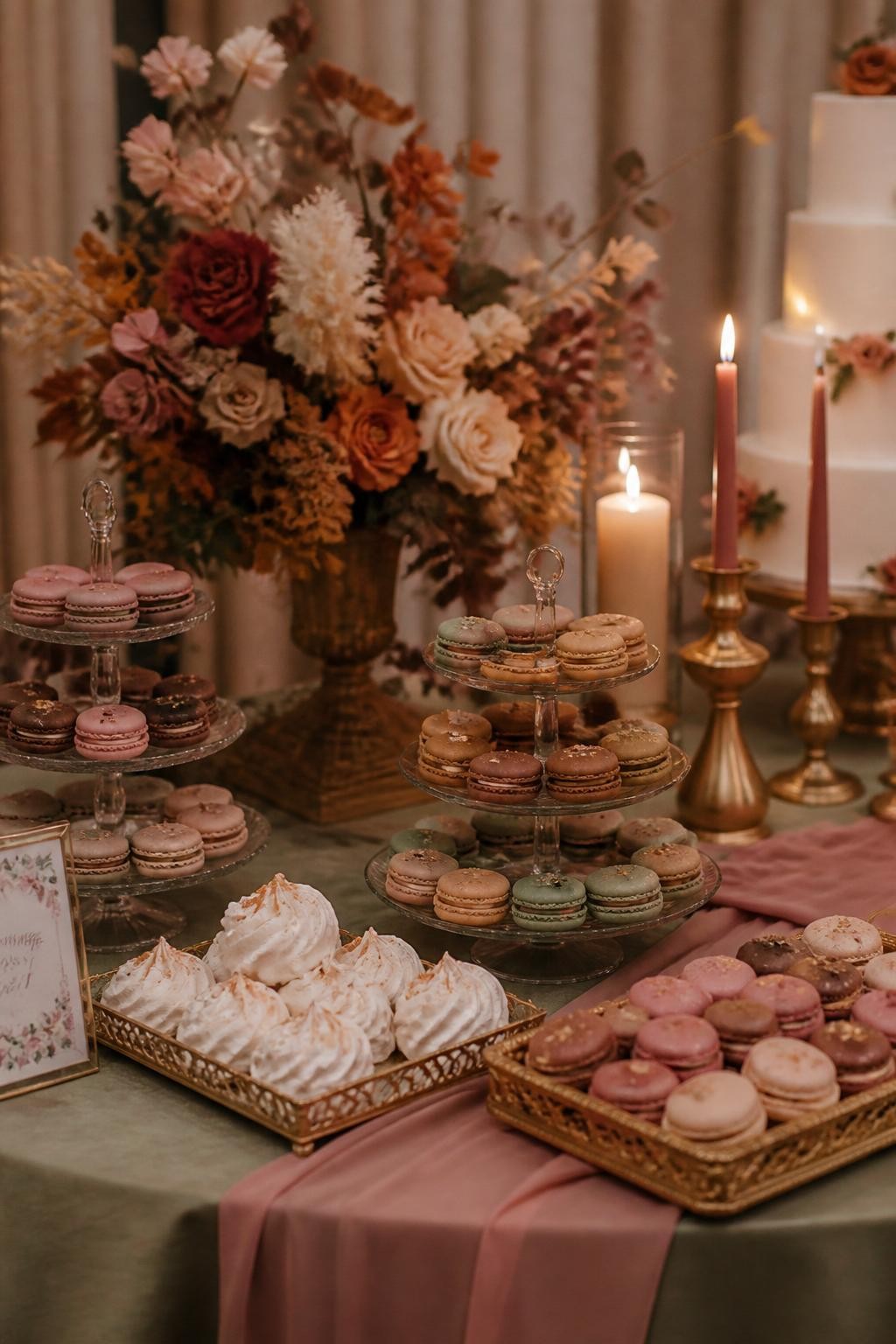 Realistic DSLR photo of an elegant fall wedding dessert table with macarons and meringues in muted rust, caramel, cream, dusty rose, chocolate brown, and sage green, arranged on glass towers and gold trays, decorated with dried florals, silk ribbon, and soft candlelight, refined romantic reception style.