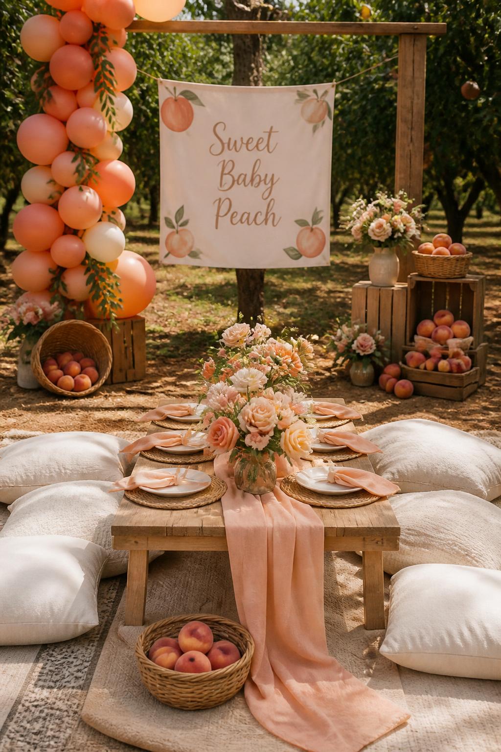 A realistic single-image baby shower decor setup inspired by a peach orchard, low picnic table with cream cushions, peach-colored napkins, fresh peaches in woven baskets, soft blush and cream flowers, wooden crates, a fabric banner reading “Sweet Baby Peach,” peach-toned balloon garland attached to a simple wooden frame, outdoor orchard-style garden setting, no people, no faces, warm natural light, editorial party decor photography, realistic fruit and fabric textures, no watermarks on images