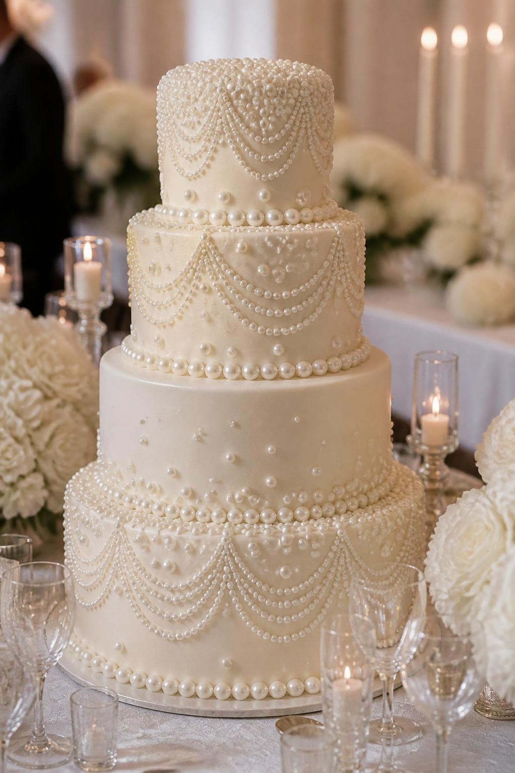 Image Prompt: Ultra-realistic wedding party scene featuring an extravagant pearl covered wedding cake with multiple tiers decorated in elegant pearl details and pearl clusters. Place the cake on a dressed cake table with white florals, candles, crystal glassware, and soft luxury reception decor. The cake should be in sharp focus with the background softly blurred. No visible faces. If people appear, show only cropped hands, soft back views, side views in blur, or neck-down figures. Realistic pearl shine, smooth buttercream or fondant texture, romantic warm lighting, DSLR wedding editorial style. (no watermarks on images)