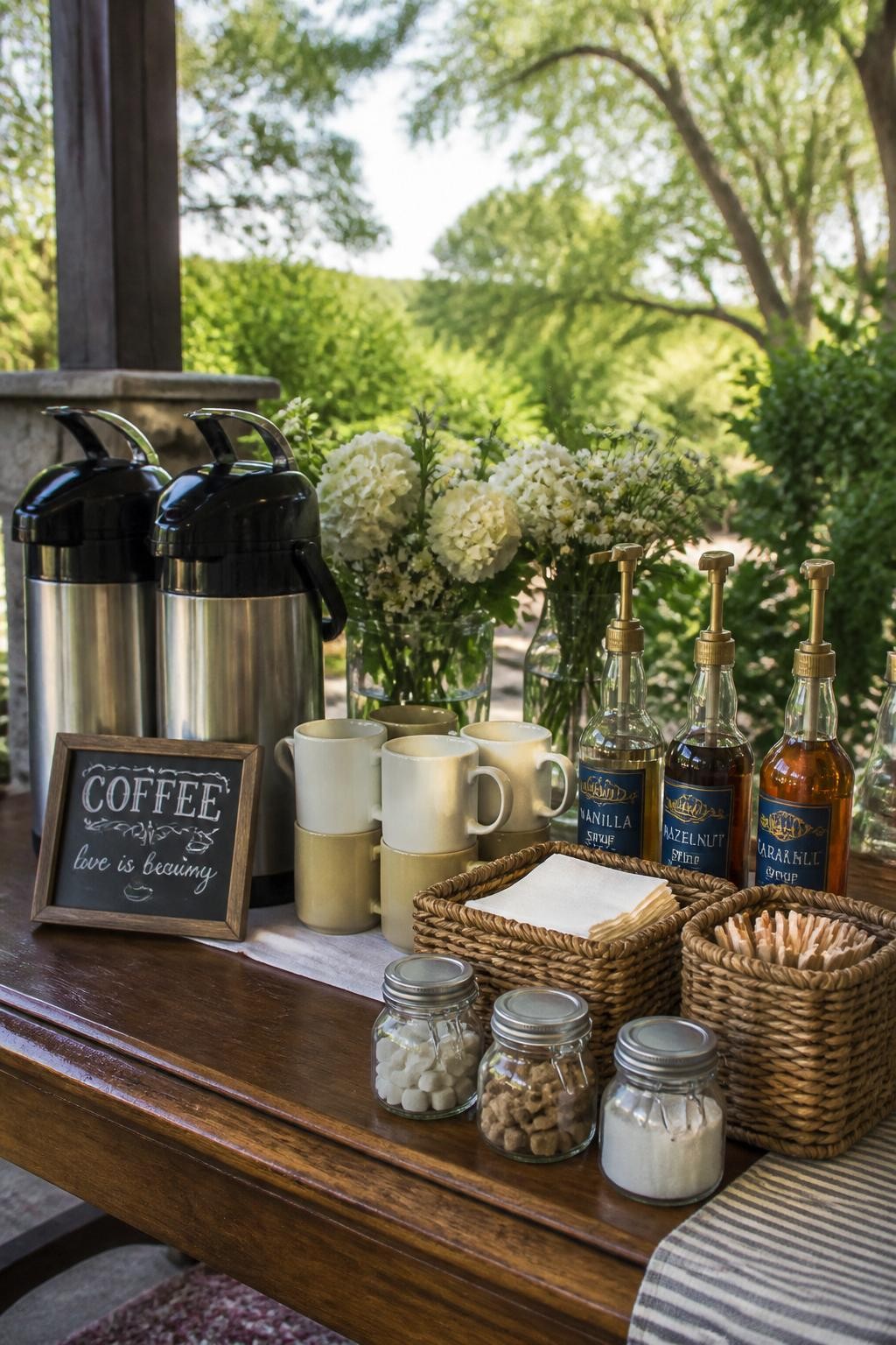 A realistic DSLR photo of an outdoor garden party coffee bar on a wooden table under a shaded patio, insulated coffee dispensers, ceramic mugs, glass bottles of syrup, woven baskets with napkins and stirrers, small jars of sugar, fresh flowers in mason jars, greenery in the background, soft afternoon light, realistic outdoor entertaining styling, no people.