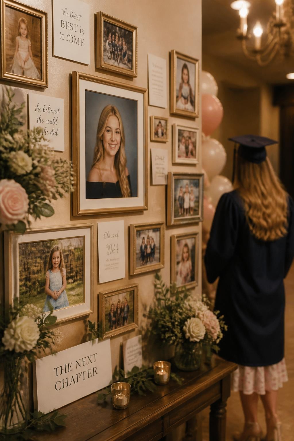 A realistic DSLR photo of a graduation gallery wall with framed senior portraits, childhood photos, school memories, soft floral arrangements, small caption cards, gold frames, and a graduate standing in the background with her back turned and softly out of focus, warm indoor lighting, elegant museum-inspired party styling.