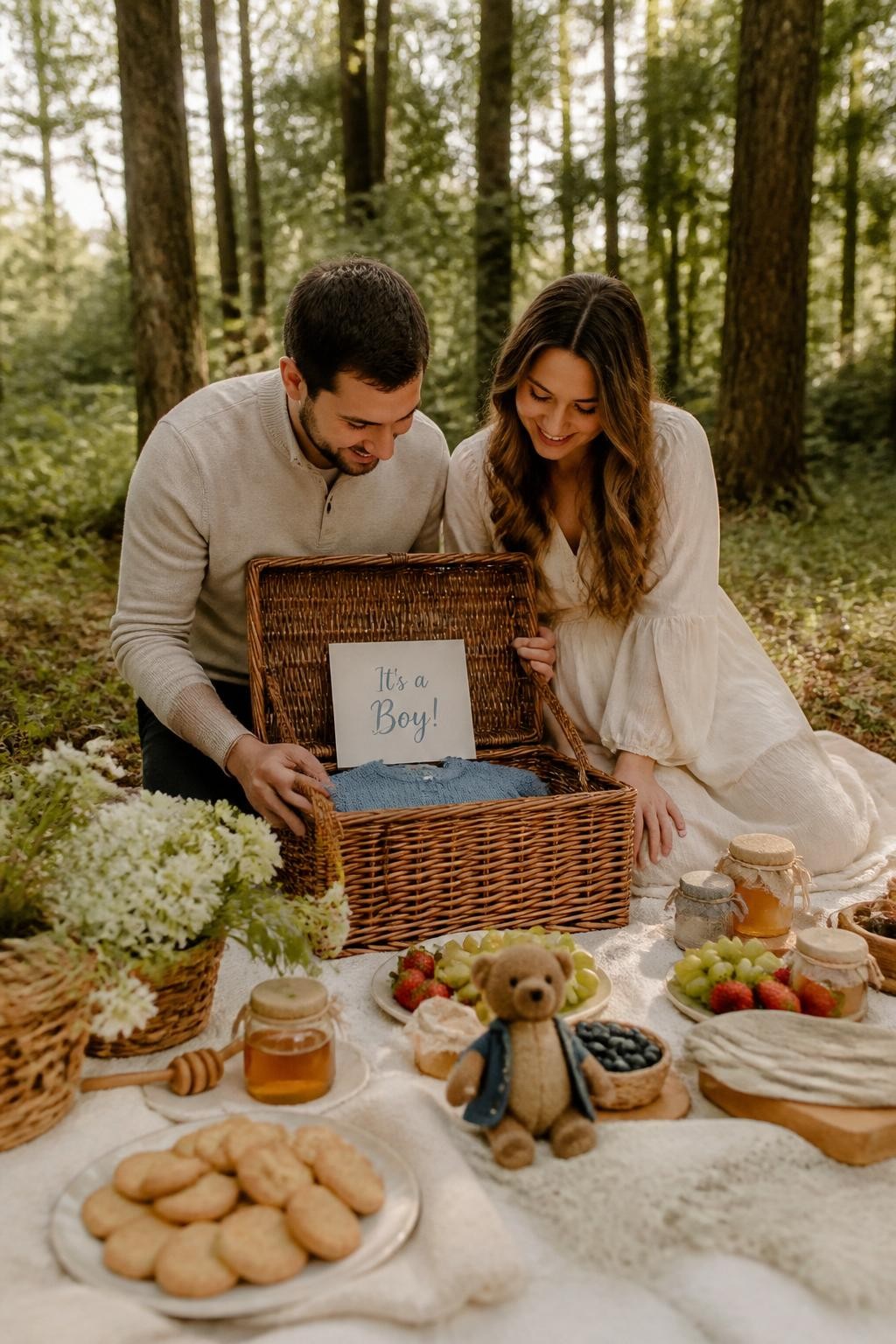A realistic photo of a cozy woodland picnic gender reveal, cream blanket, woven basket, honey jars, biscuits, fruit, small stuffed storybook-style bear detail, parents opening a picnic basket to reveal a folded baby item and message card in one reveal color, soft golden outdoor light, editorial photography