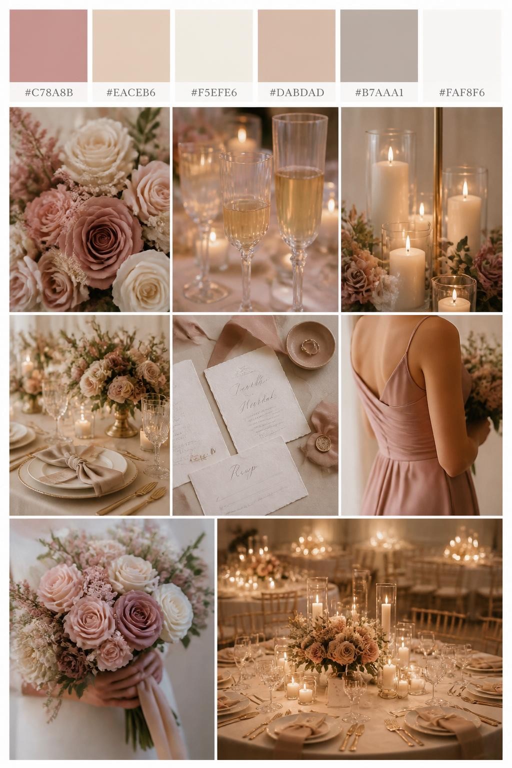 Image Prompt:
A realistic wedding mood board with a top strip of color swatches and small hex codes in dusty rose, champagne, cream, warm nude, soft taupe, and ivory. Below, show a romantic collage of wedding details: dusty rose flowers, champagne glassware, cream candles, soft table styling, invitation flat lays, a cropped bridesmaid dress detail from the neck down, hands holding a bouquet, and a no-people reception table glowing under warm candlelight. Keep the collage polished, soft, and romantic with DSLR-style realism. Use no clear faces, with side angles, back views, detail-only shots, and no-people scenes. 9:16 vertical format. (no watermarks on images)