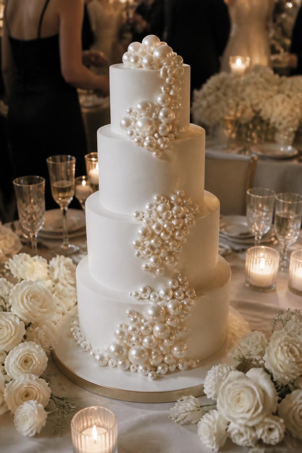 Image Prompt: Ultra-realistic wedding reception image of a white tiered wedding cake decorated with pearl clusters in mixed sizes, arranged artistically across the tiers. Style the cake in a real wedding party scene with white florals, candles, crystal glassware, elegant linens, and soft reception lighting. The cake is the hero of the shot. No visible faces. If people appear, show only cropped hands, side views, soft back views, or neck-down figures. Show realistic pearl shine, smooth icing texture, and a refined bridal atmosphere. Editorial wedding photography, high detail, believable and polished. (no watermarks on images)