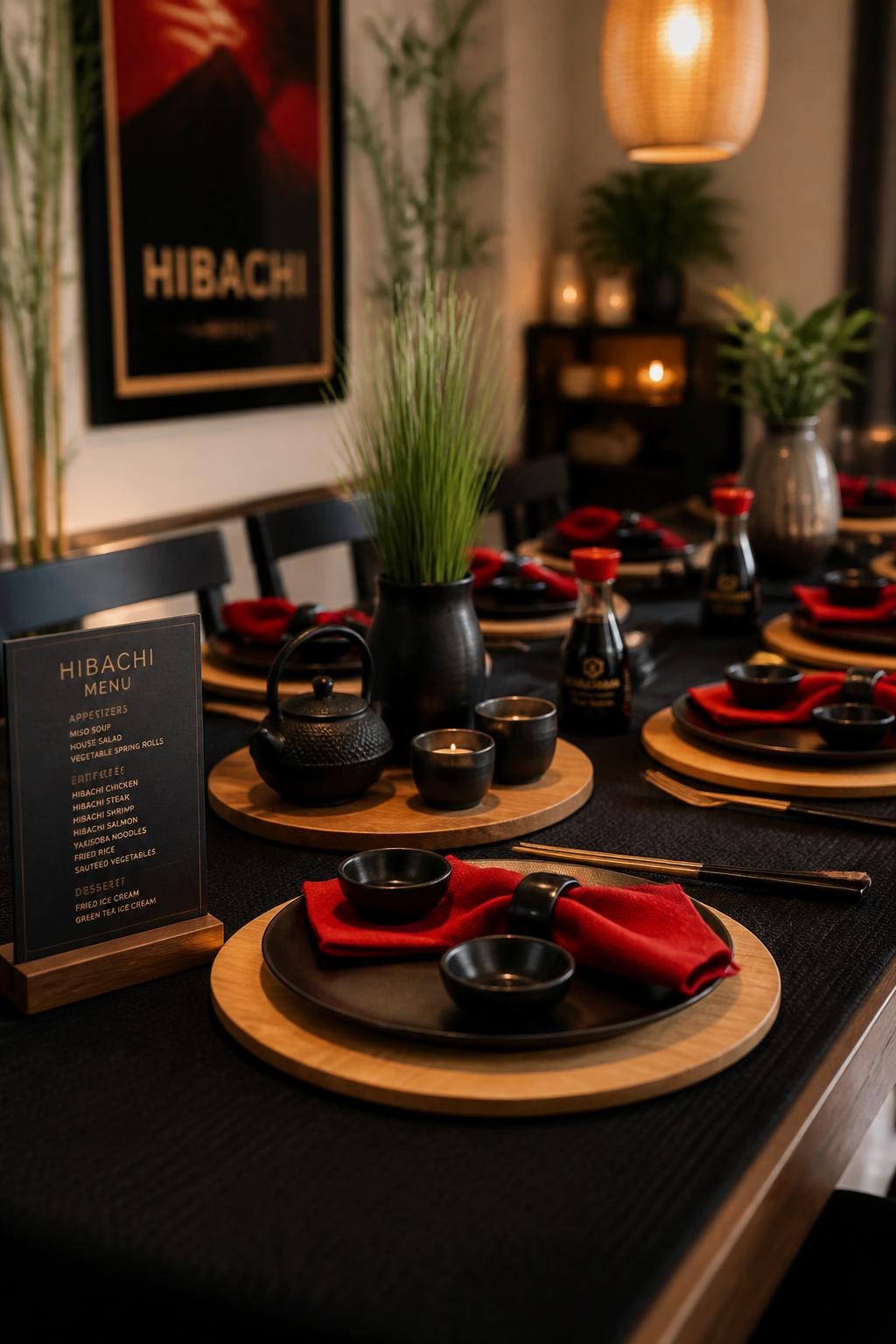 Image Prompt:
A realistic DSLR photo of a modern hibachi party tablescape with a black table runner, red cloth napkins, natural wood chargers, ceramic dipping bowls, chopsticks, small soy sauce bottles, warm ambient lighting, no people, polished editorial dinner party styling.