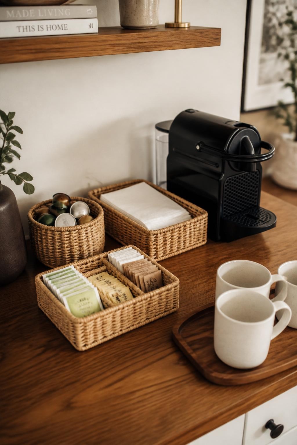 A realistic DSLR photo of a warm coffee bar countertop with small woven baskets used for storage, one basket holding coffee pods, one holding napkins, one holding tea bags and sugar packets, compact coffee machine nearby, cream mugs, wooden tray, soft beige kitchen background, natural light, cozy organized home styling, no people.