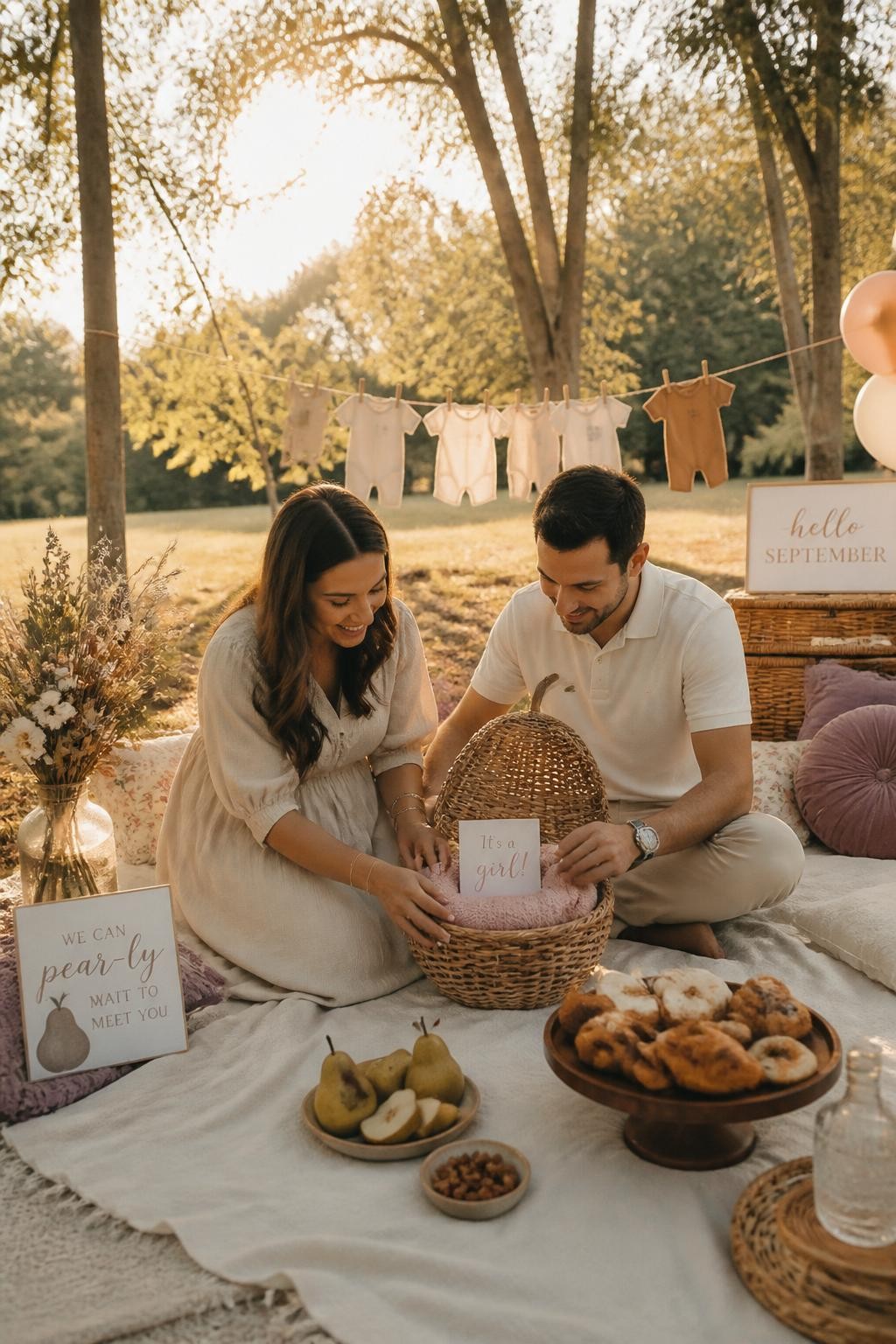 A realistic editorial photo of a September gender reveal picnic with cream blanket, woven basket, fresh pears, pastries, soft pillows, dried flowers, parents opening one pear basket to reveal a folded baby blanket and message card in one reveal color, golden early fall sunlight, cozy outdoor party styling