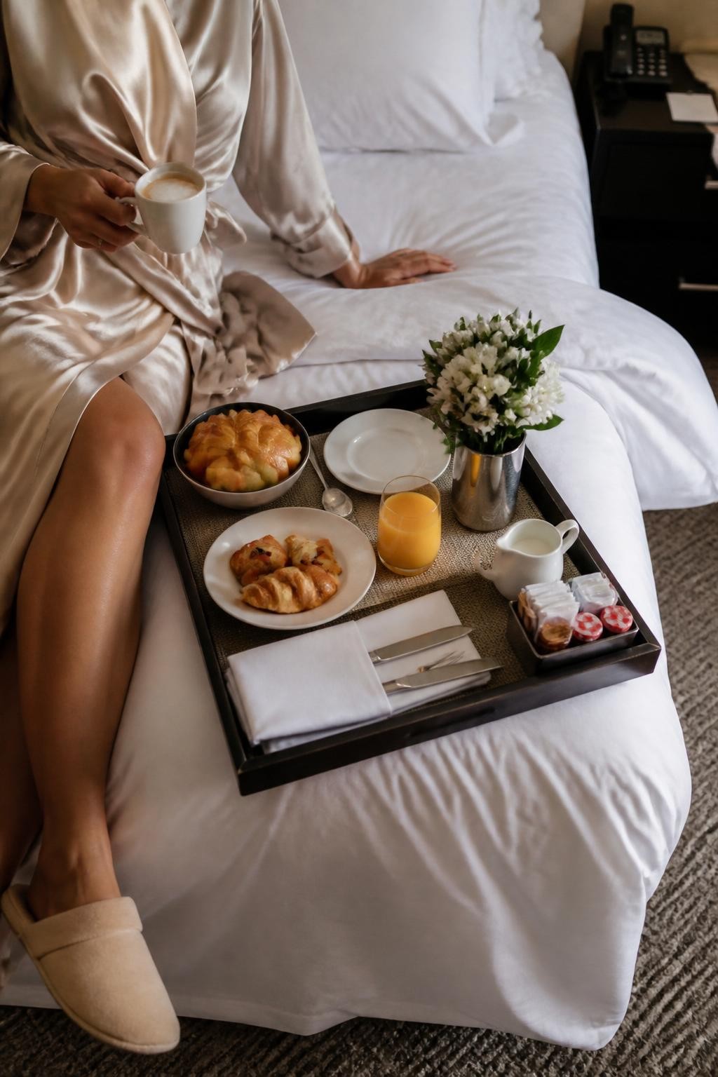 Image Prompt:
A realistic hotel room lifestyle photoshoot showing a beautiful breakfast tray placed on crisp white hotel bedsheets, with croissants, fresh fruit, orange juice, coffee, a small flower vase, folded napkin, and silver cutlery. An adult subject is seated casually beside the tray with only hands and lower body visible, wearing a satin robe and soft slippers. The scene has warm morning light, elegant hotel bedding, neutral decor, and a relaxed travel-inspired mood. Shot from a slightly overhead angle, DSLR photo-realistic style, no visible face, vertical composition.