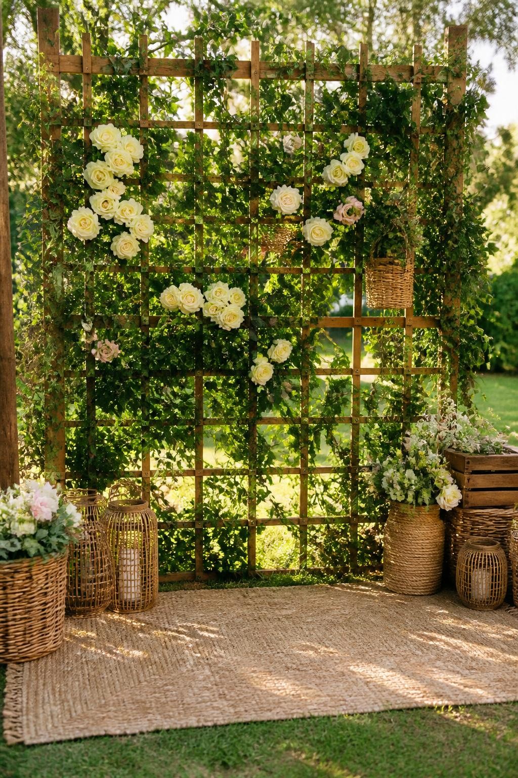 Image Prompt:
A single realistic editorial-style photo of a rustic garden party backdrop with a wooden trellis covered in climbing greenery, ivory roses, soft blush flowers, woven baskets, lanterns, a natural jute rug, outdoor garden setting, no people, no faces, bright natural sunlight, realistic elegant event photography, no text, no watermark.