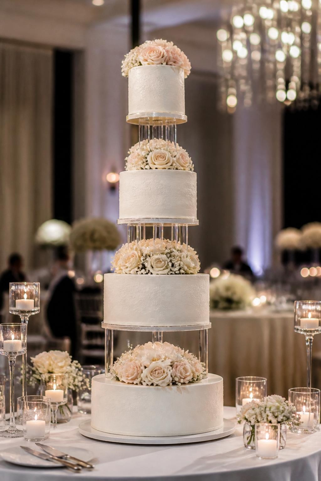 Image Prompt: Ultra-realistic wedding reception photo of an extravagant floating tier wedding cake with clear separators between tiers, creating a suspended elegant look. Include delicate flowers or soft decor elements between the tiers. Place the cake on a refined cake table in a real wedding party setting with candles, modern florals, sleek linens, and an upscale venue backdrop. Keep the cake as the clear focal point. No visible faces. If people appear, show only soft blurred side views, back views, hands near the cake table, or cropped figures from the neck down. Realistic acrylic separator detail, clean icing finish, soft wedding lighting, DSLR realism. (no watermarks on images)