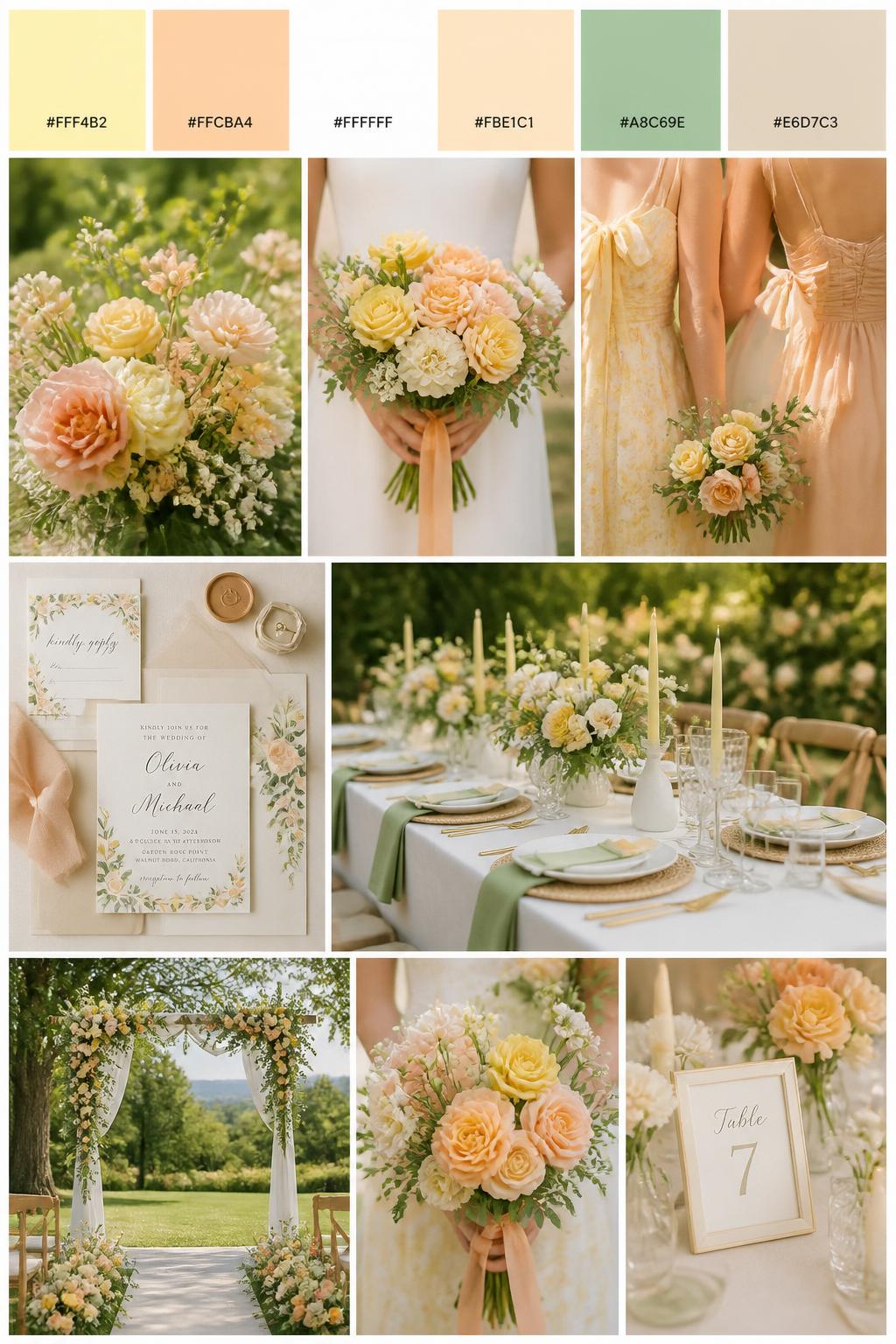 Image Prompt:
A realistic vertical wedding mood board with a top palette strip showing hex codes in butter yellow, peach, white, pale apricot, soft green, and warm beige. Below the swatches, show a cheerful romantic collage of yellow flowers, peach blooms, white table decor, invitation styling, a bouquet held in front of the body with no face visible, cropped bridesmaid dress details, and warm ceremony decor in a flower-filled garden setting. Use varied no-face compositions such as side views, back views, hand-held bouquet close-ups, and no-people tablescape shots. DSLR realism, Pinterest-style collage layout, 9:16 vertical format. (no watermarks on images)