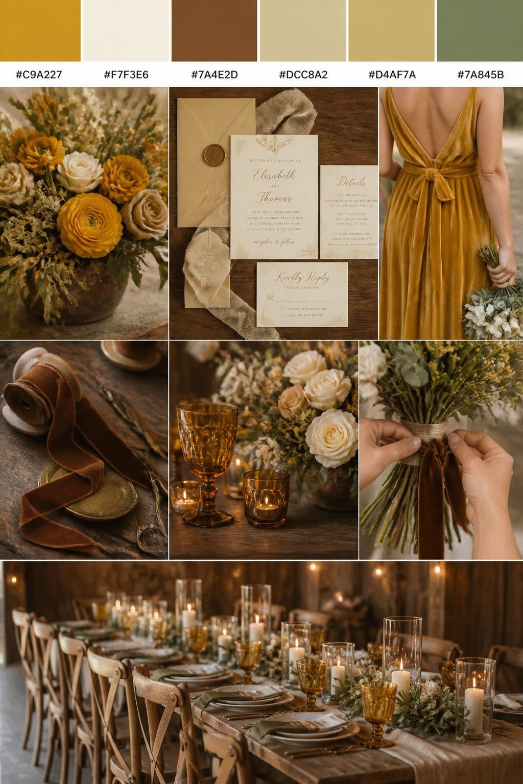 Image Prompt:
A realistic wedding inspiration mood board with a top row of swatches and small hex codes in mustard yellow, ivory, warm brown, beige, soft gold, and muted olive. Under the palette strip, show a polished collage of mustard flowers, ivory blooms, brown velvet ribbon, wooden table styling, amber glass details, elegant paper goods, a cropped bridesmaid dress image from the neck down, hands tying ribbon around a bouquet, and a romantic no-people rustic reception table with warm candlelight. Use only back views, side views, detail crops, and no-people decor scenes to avoid face issues. DSLR-style realism, 9:16 vertical format. (no watermarks on images)