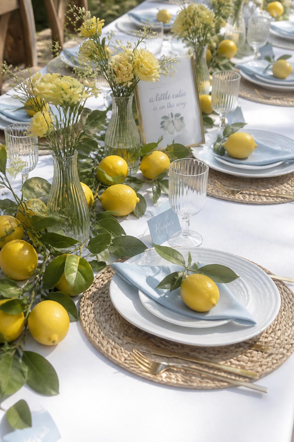 A realistic single-image baby shower table setting with fresh lemons, soft baby blue napkins, white plates, pale yellow flowers, clear glass bud vases, woven placemats, lemon branches placed along the center, small blue name cards, bright garden brunch setup, clean white tablecloth, no people, no faces, realistic editorial party photography, natural sunlight, fresh citrus textures, no watermarks on images