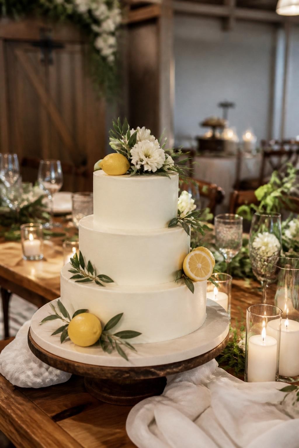 Image Prompt: Ultra-realistic wedding party photo of a rustic lemon wedding cake with smooth or lightly textured ivory frosting, fresh lemon accents, eucalyptus or olive greenery, and a few soft white flowers. Style the cake on a wooden cake table with candles, linen runner, glassware, rustic wedding decor, and a softly blurred barn or outdoor reception backdrop. Keep the cake as the main subject. No visible faces. If guests appear, show only back views, side views in blur, cropped hands, or neck-down figures. Realistic greenery texture, fresh lemon detail, warm DSLR wedding photography. (no watermarks on images)