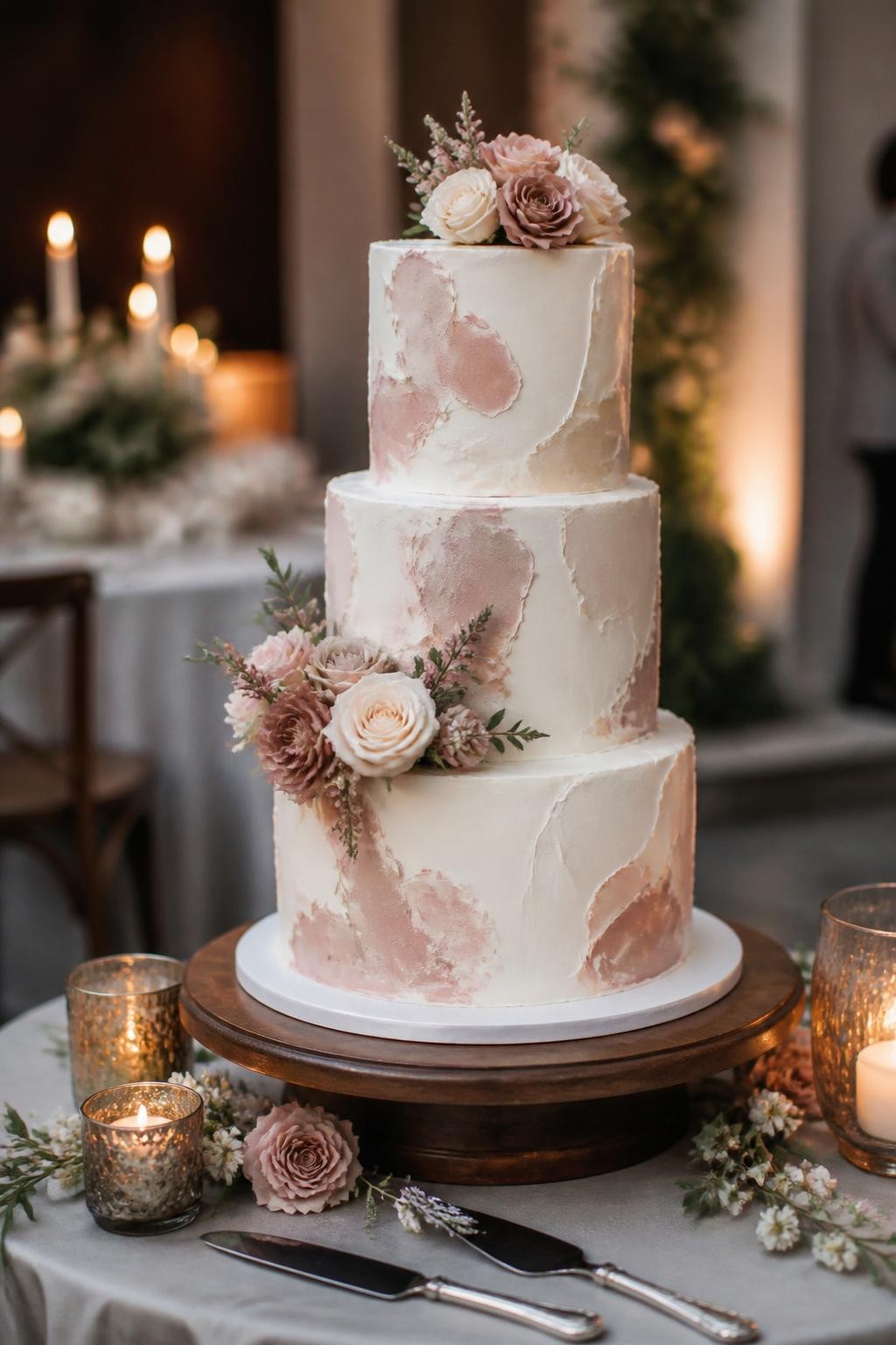 Image Prompt: Ultra-realistic wedding party photo of a modern wedding cake decorated with abstract palette knife buttercream strokes in soft wedding tones such as ivory, blush, taupe, dusty rose, or sage. Show the cake on a stylish reception cake table with candles, florals, modern decor, and a softly blurred wedding venue background. Keep the cake as the main focus. No visible faces. If people appear, show only side views in blur, cropped torsos, hands near the cake table, or back views. Realistic buttercream texture, clean cake styling, natural wedding lighting, DSLR editorial realism. (no watermarks on images)