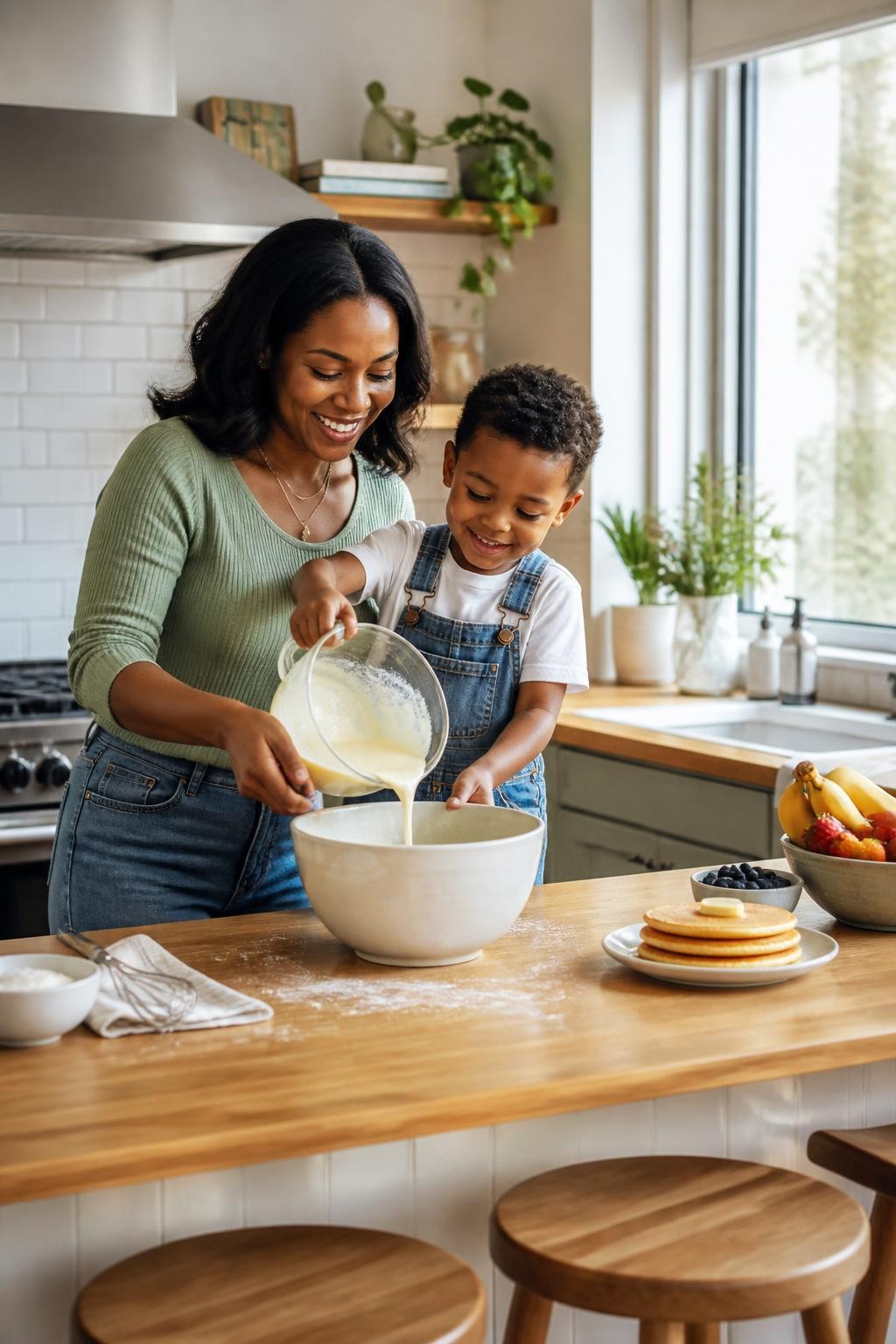 Image Prompt:
A realistic documentary-style mother and son photoshoot in a bright modern kitchen, featuring a Black mother wearing a soft sage green knit top and relaxed jeans, helping her little son pour pancake batter into a mixing bowl. The boy wears a white T-shirt under denim overalls, with a small dusting of flour on the counter, not on the face. Warm morning light comes through a large window, with wooden stools, fresh fruit, a small stack of pancakes, and clean kitchen details. Natural smiles, full faces visible, cozy family lifestyle photography, vertical image.