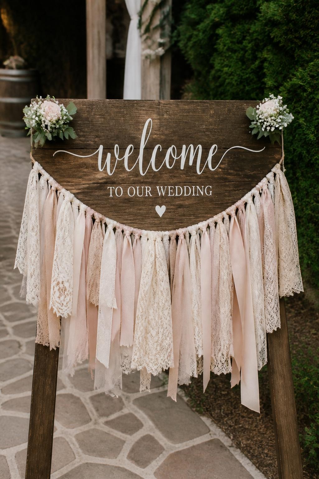 Detailed image prompt: A realistic DSLR-style photo of a lace and fabric wedding garland hanging across a rustic wooden welcome sign, strips of ivory lace, cream chiffon, blush fabric, and soft satin ribbon tied along twine, small flowers at the corners, outdoor wedding entrance, no people, natural light.