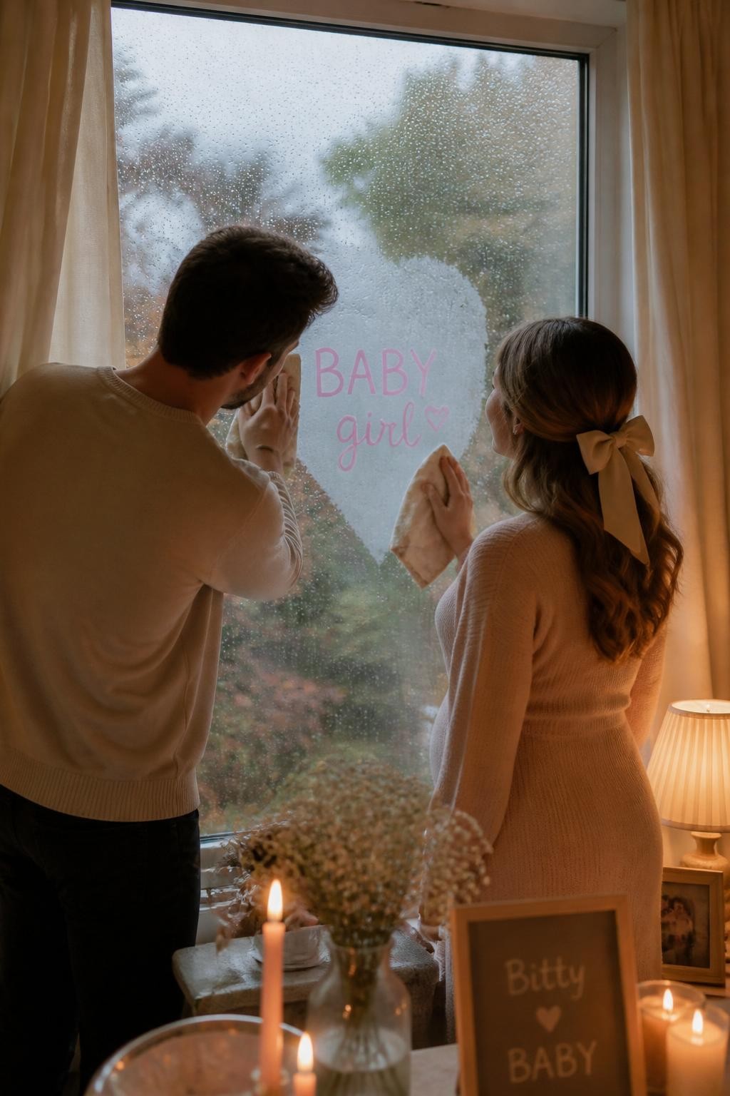 A realistic editorial photo of a cozy indoor September gender reveal by a large window, soft rain outside, cream curtains, candles, warm lamps, parents wiping a covered section of the window to reveal a baby message in one reveal color, intimate home party setting, DSLR lifestyle photography