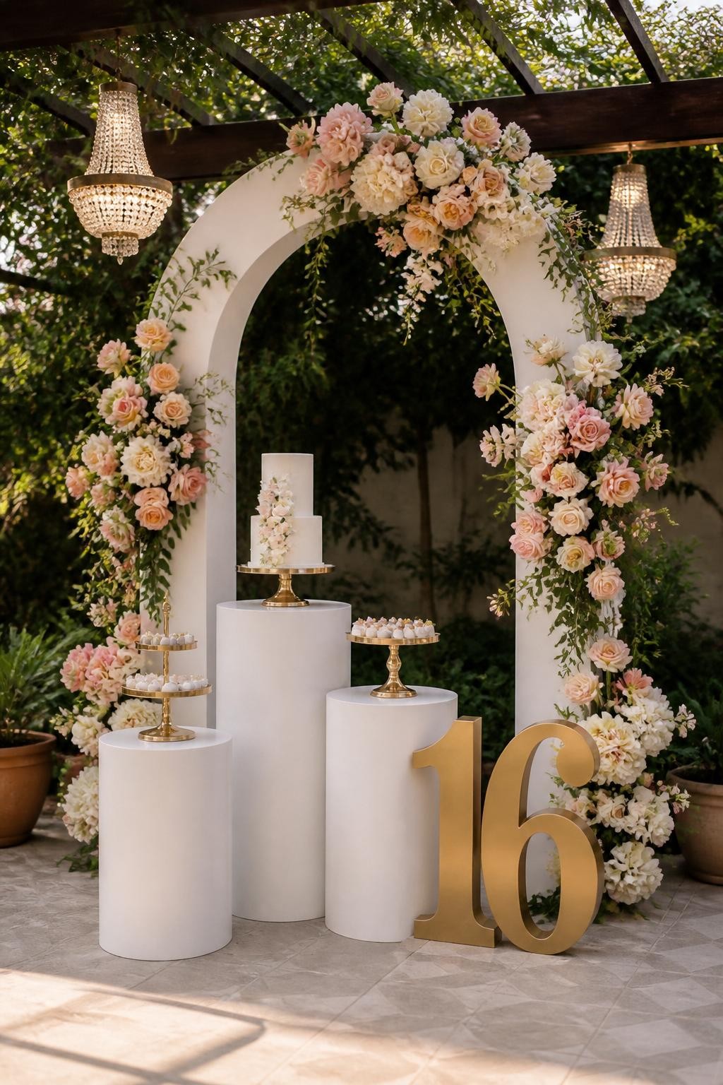 Image Prompt:
A single realistic photo of a beautiful garden-style Sweet 16 backdrop with a white arched floral frame covered in blush, peach, ivory, and pale pink flowers, light greenery woven through the frame, a gold number 16 prop, white dessert plinths, soft outdoor or garden venue setting, no people, no faces, warm afternoon sunlight, realistic high-end event photography, no text, no watermark.