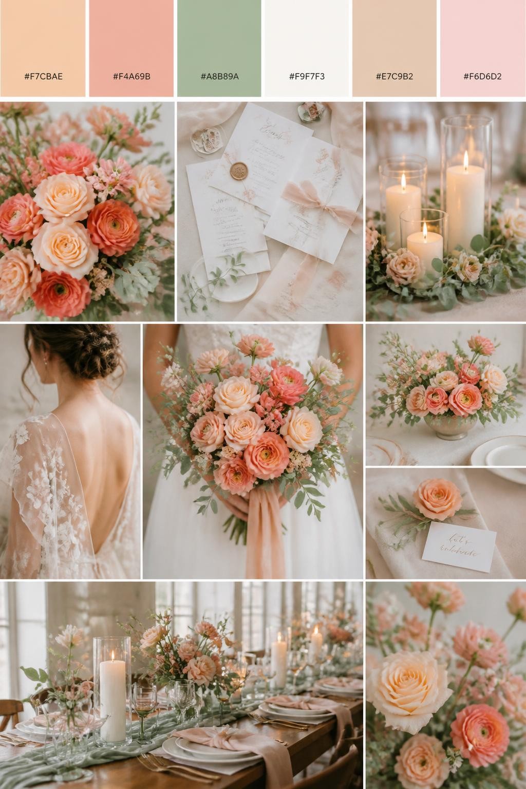 Image Prompt:
A realistic wedding color scheme mood board with a top swatch strip and small hex codes in peach, pale coral, sage green, ivory, warm nude, and soft blush. Below, create a soft romantic collage of peach flowers, coral blooms, sage greenery, ivory candles, airy invitations, hands holding a bouquet, a back-view bridal detail, and a no-people reception table with gentle floral styling. Use no clear faces and mix detail shots with no-people decor images for variety. The mood should feel warm, cute, and romantic with soft natural light and DSLR-style realism. 9:16 vertical format. (no watermarks on images)