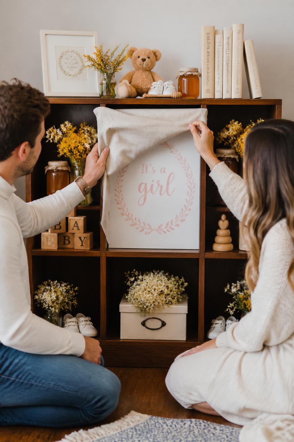 A realistic editorial photo of a gender reveal display shelf styled with honey jars, tiny baby shoes, wooden blocks, soft yellow flowers, cream books, and one covered center cubby, parents removing a linen cloth to reveal a baby message in one color, cozy storybook nursery style, DSLR photography
