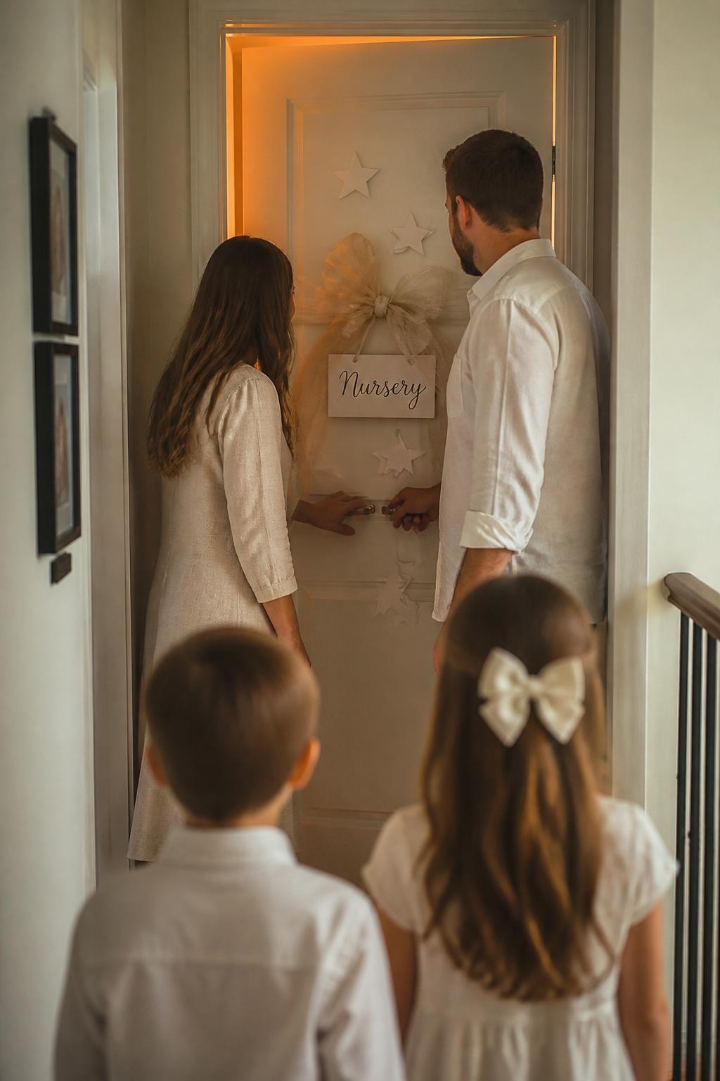 A realistic photo of a home hallway leading to a nursery door, parents standing with hands on the doorknob, door decorated with neutral ribbon and small paper stars, warm light spilling from inside the nursery in one reveal color, family watching from behind, soft emotional atmosphere, modern home photography, vertical image