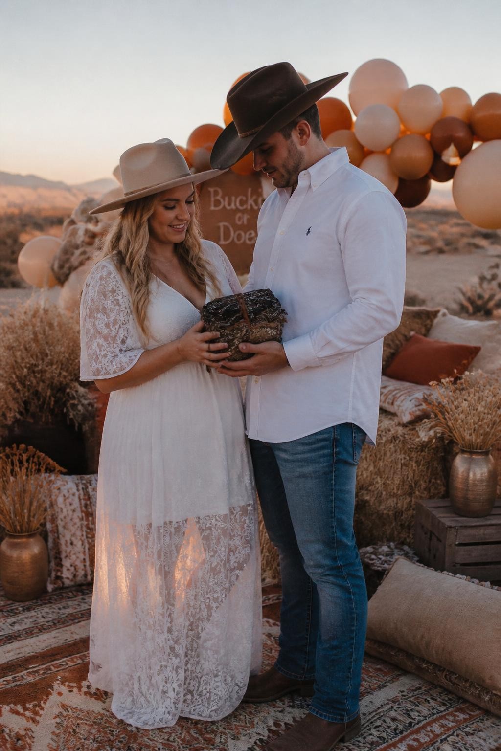 A realistic editorial photo of a beautiful western gender reveal at golden hour, outdoor desert-inspired setup with layered rugs, hay bales, tan and rust pillows, neutral balloons in the background, parents holding a folded bandana bundle tied with leather cord, dry grasses and wildflowers, warm sunset light, stylish western party decor, DSLR lifestyle photography, vertical composition