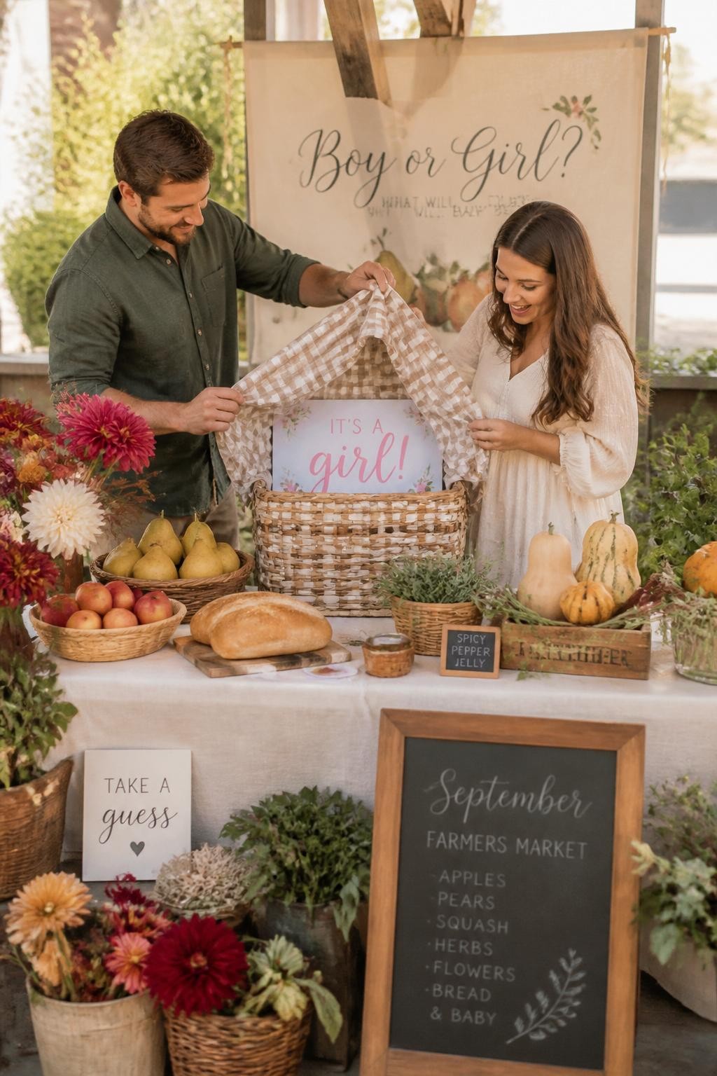 A realistic editorial photo of a gender reveal party styled like a September farmers market table, baskets of apples, pears, flowers, bread, herbs, and squash, handwritten signs, parents lifting a covered market basket to reveal a baby message in one reveal color, warm natural light, stylish rustic party photography
