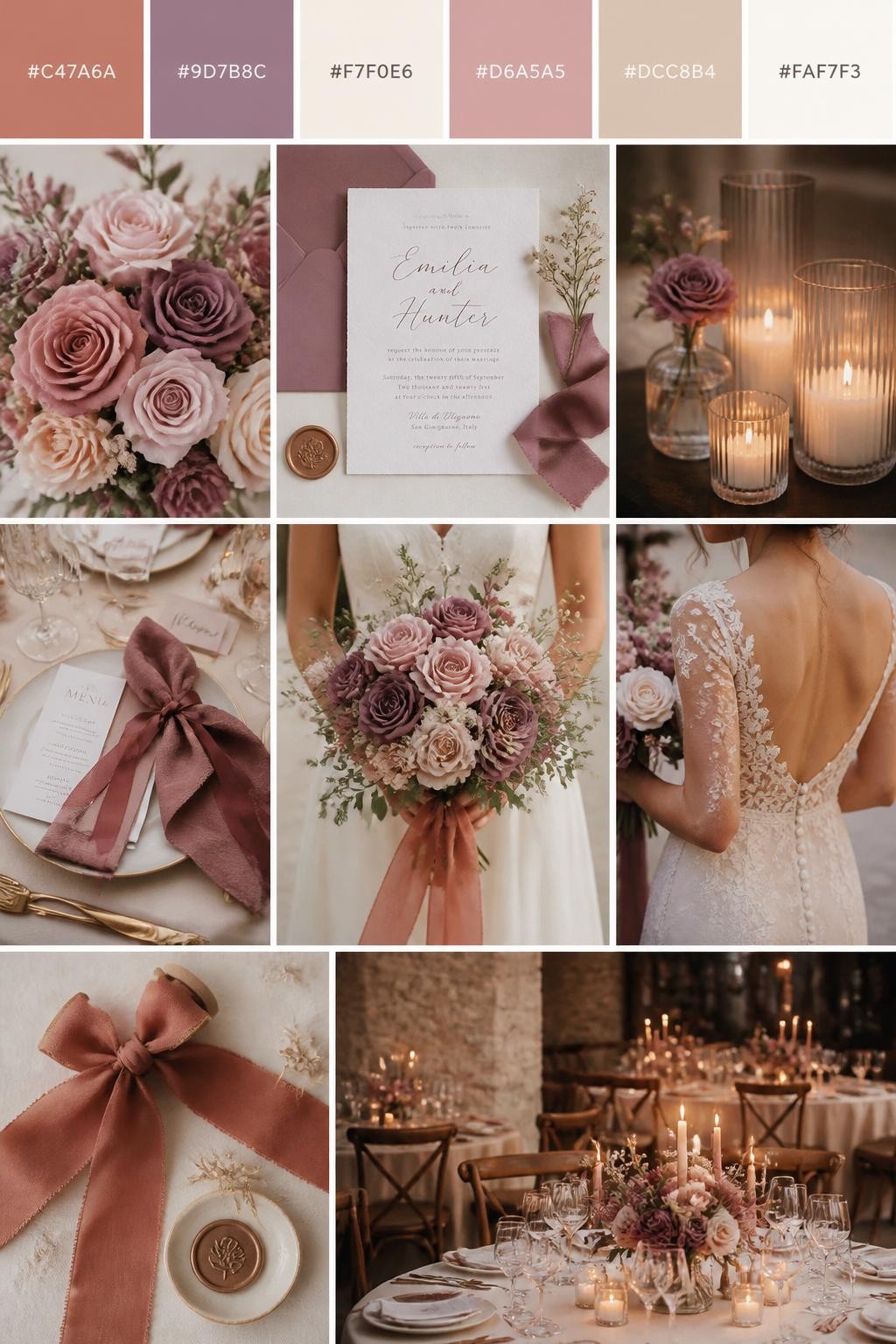 Image Prompt:
A realistic wedding color mood board in a vertical collage style. Add a top strip of palette swatches with hex codes in cinnamon rose, mauve, cream, dusty rose, warm beige, and ivory. Below, show realistic wedding details like mauve flowers, cinnamon rose ribbon, cream table decor, romantic candles, elegant invitations, a bouquet held in front of the body with no face shown, back-view bridal detail shots, and a warm no-people reception scene. Use no clear faces, with a mix of cropped body details, hands-only shots, and no-people styling scenes. The look should feel soft, romantic, and polished with DSLR realism. 9:16 vertical format. (no watermarks on images)