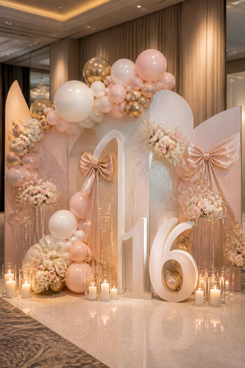 Image Prompt:
A single realistic photo of a full glam Sweet 16 party backdrop with layered blush, white, and champagne panels, organic balloon garland, soft floral clusters, oversized satin bows, pearl accents, clear plinths, candlelight, and a large number 16 prop, elegant indoor venue, no people, no faces, soft flattering lighting, realistic luxury birthday photography, no text, no watermark.