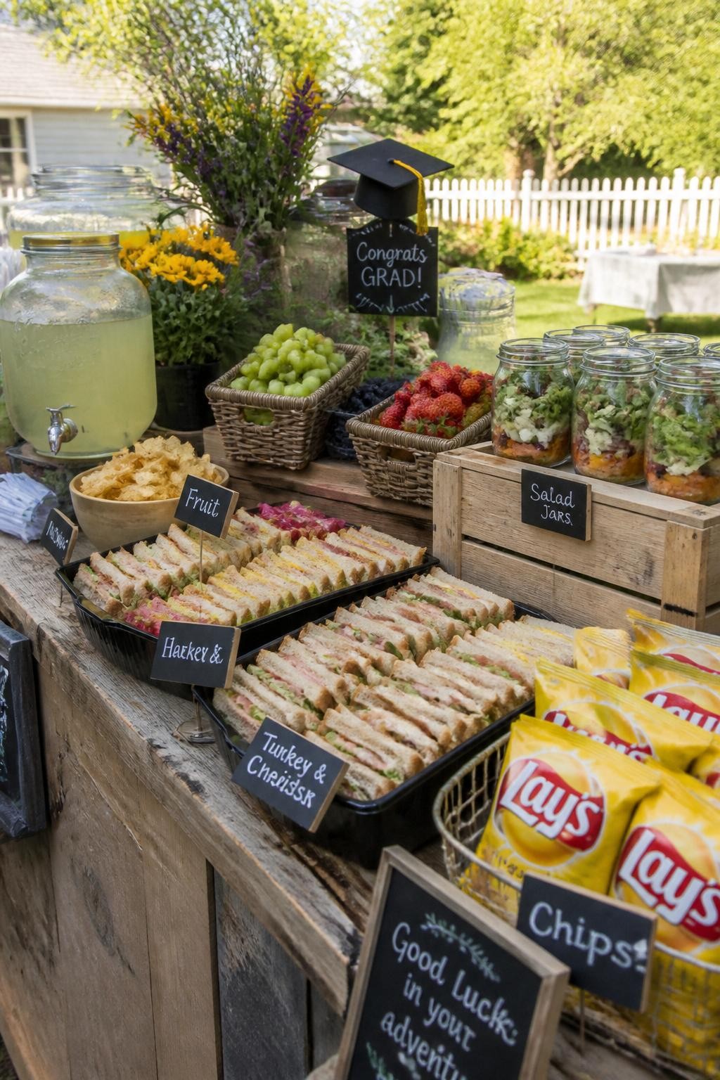 A realistic DSLR photo of a rustic graduation farmstand food table with wooden produce crates, baskets of fruit, sandwich trays, salad jars, lemonade dispensers, handwritten menu signs, flowers, and a small graduation cap decoration, no people, sunny backyard party setting, realistic food station photography.