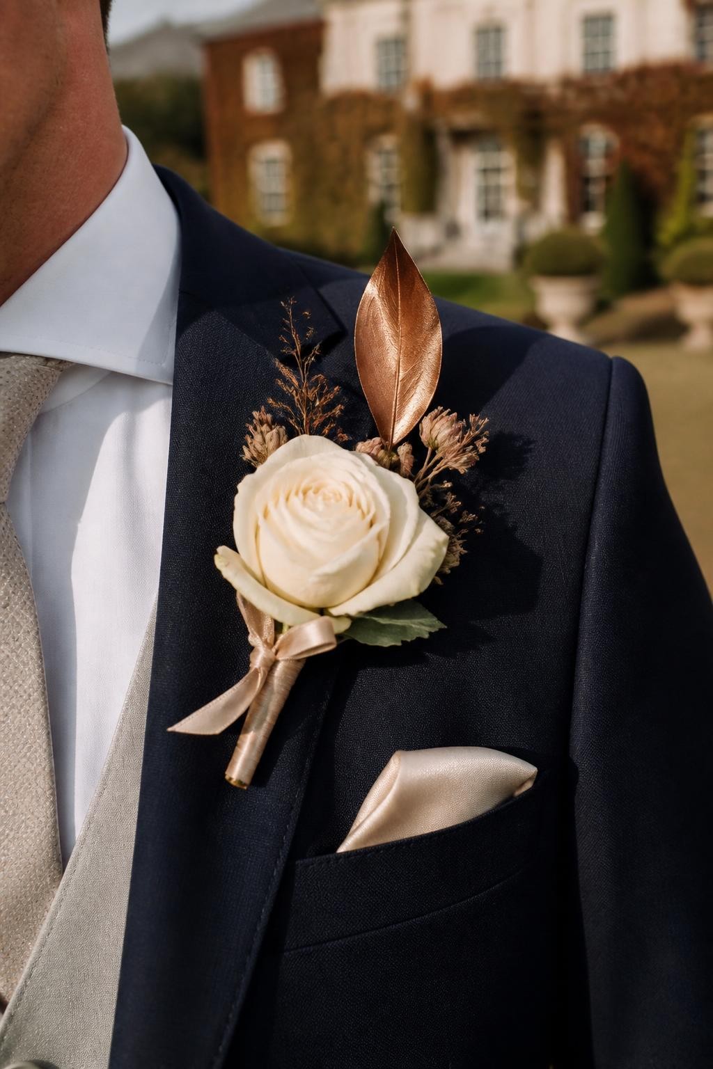 Realistic DSLR photo of a cream spray rose boutonniere on a navy groom’s suit, accented with a metallic copper preserved leaf, tiny dried seed pods, and a champagne silk ribbon, elegant fall estate wedding background, warm sunlight, refined editorial styling.