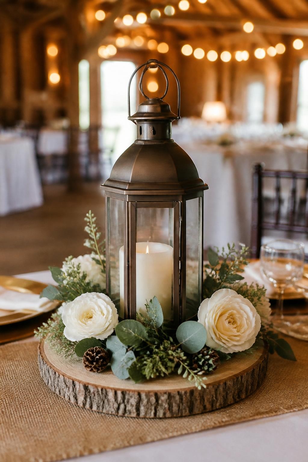 Realistic DSLR photo of a simple fall wedding centerpiece with a bronze lantern on a smooth wood slice, surrounded by cream flowers, eucalyptus, tiny pinecones, and an ivory pillar candle inside, styled on a rustic reception table with warm barn lighting.