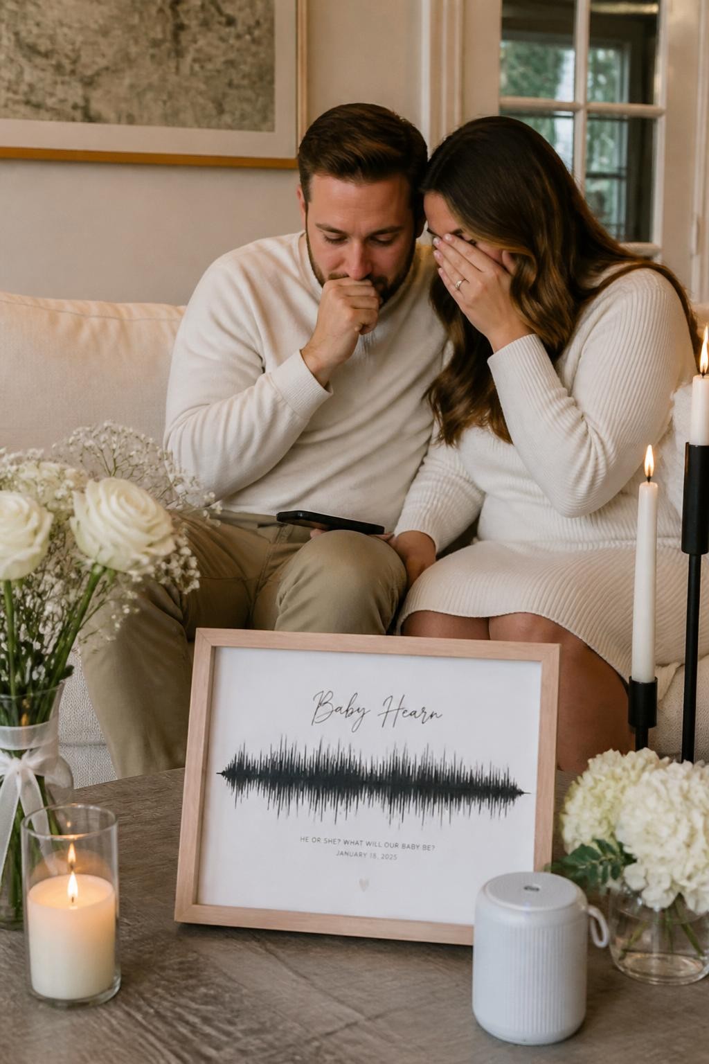 A realistic editorial photo of a stylish intimate gender reveal in a living room, framed soundwave print on a table, candles, flowers, small speaker, parents seated together listening to an audio message, emotional atmosphere, modern sentimental decor, warm indoor lighting, DSLR photography