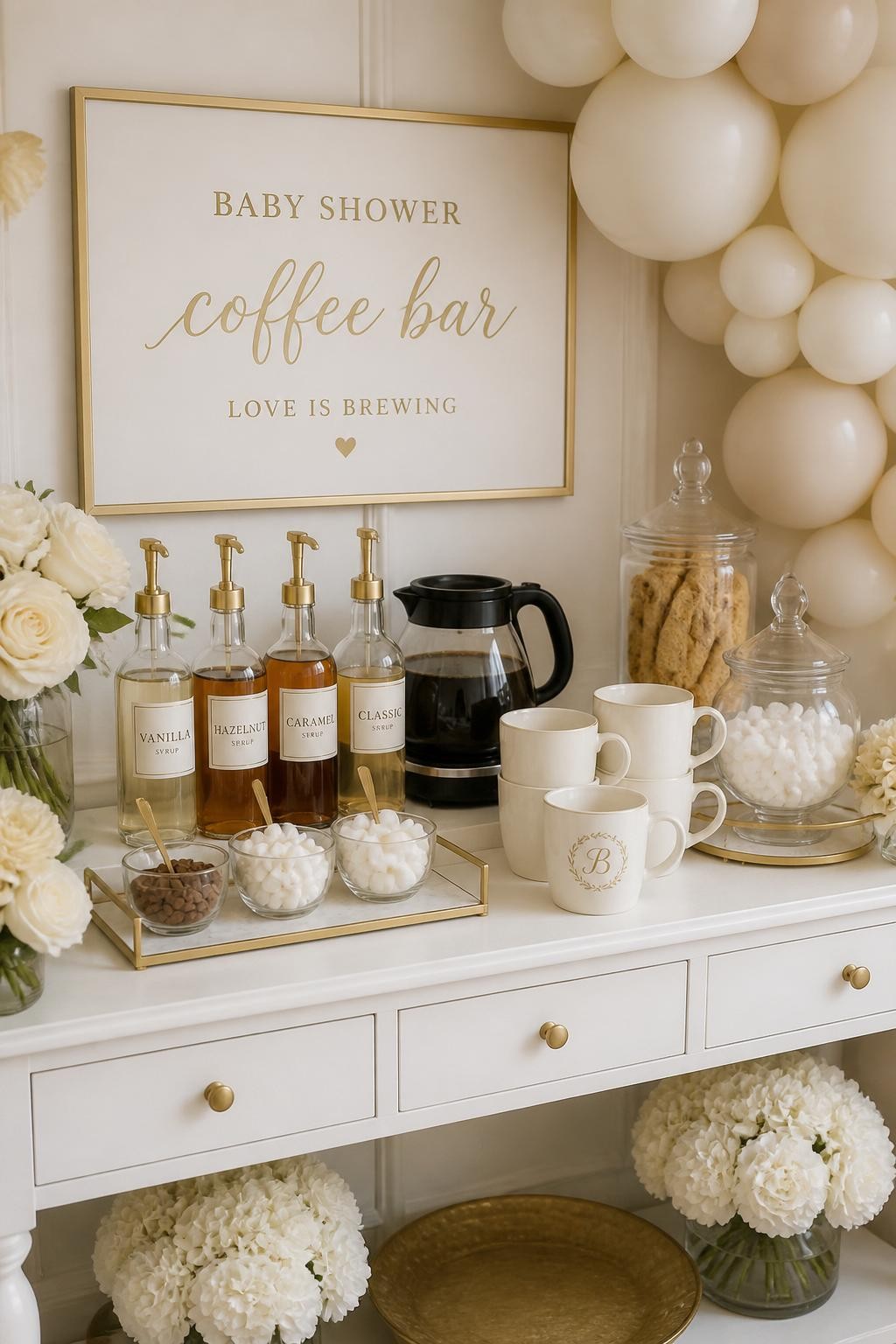 A realistic DSLR photo of an elegant baby shower coffee bar in cream and gold, white console table, cream mugs, gold-rimmed trays, glass syrup bottles with gold labels, coffee carafe, jars of sugar cubes and biscotti, ivory roses in low vases, soft beige balloon garland, warm natural light, polished luxury baby shower styling, no people.