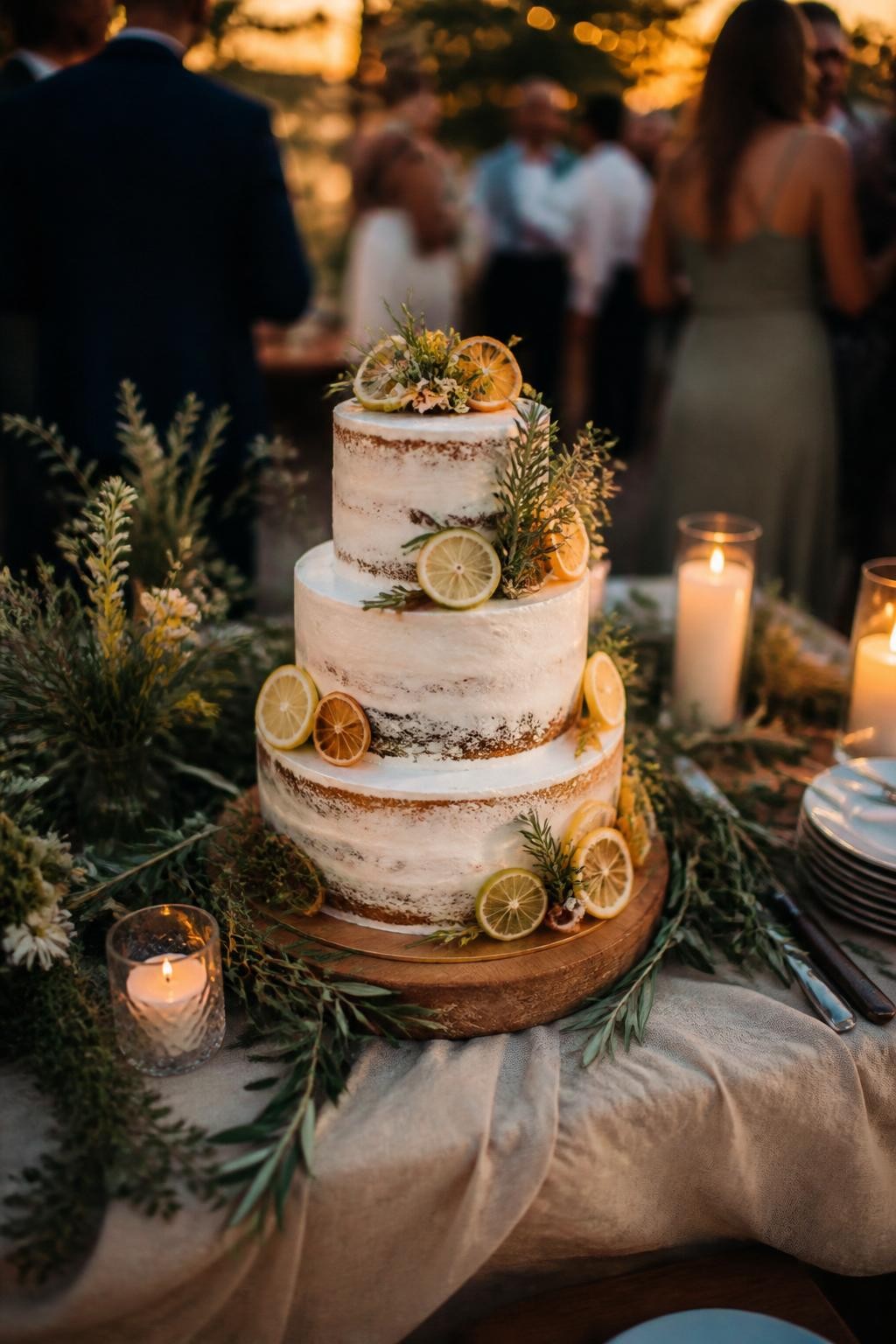 Image Prompt: Ultra-realistic wedding reception photo of a white or semi-naked wedding cake decorated with fresh citrus slices, rosemary, thyme, olive leaves, and a few small flowers. Place the cake on a beautiful reception cake table at an outdoor or Mediterranean-style wedding party with linen, candles, natural florals, and warm evening light. Keep the cake in clear focus. No visible faces. If people appear, show only back views, side angles, cropped hands, or figures from the neck down. Realistic fruit texture, fresh herbs, true-to-life cake detail, DSLR editorial wedding photography. (no watermarks on images)