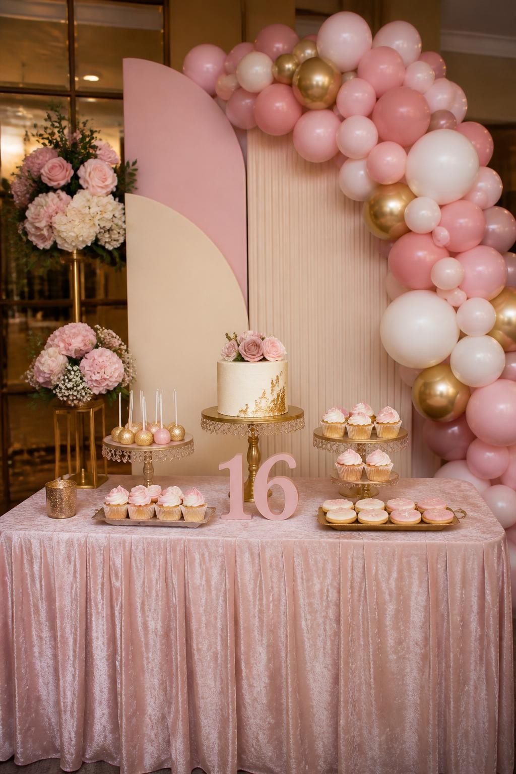 Image Prompt:
A single realistic editorial-style photo of a Sweet 16 dessert table backdrop with blush and cream panels, balloon garland in pink, white, and gold, a styled dessert table with cake, cupcakes, cake pops, and cookies on elegant stands, a number 16 prop, floral accents, indoor party venue, no people, no faces, realistic food and event photography, no readable text, no watermark.
