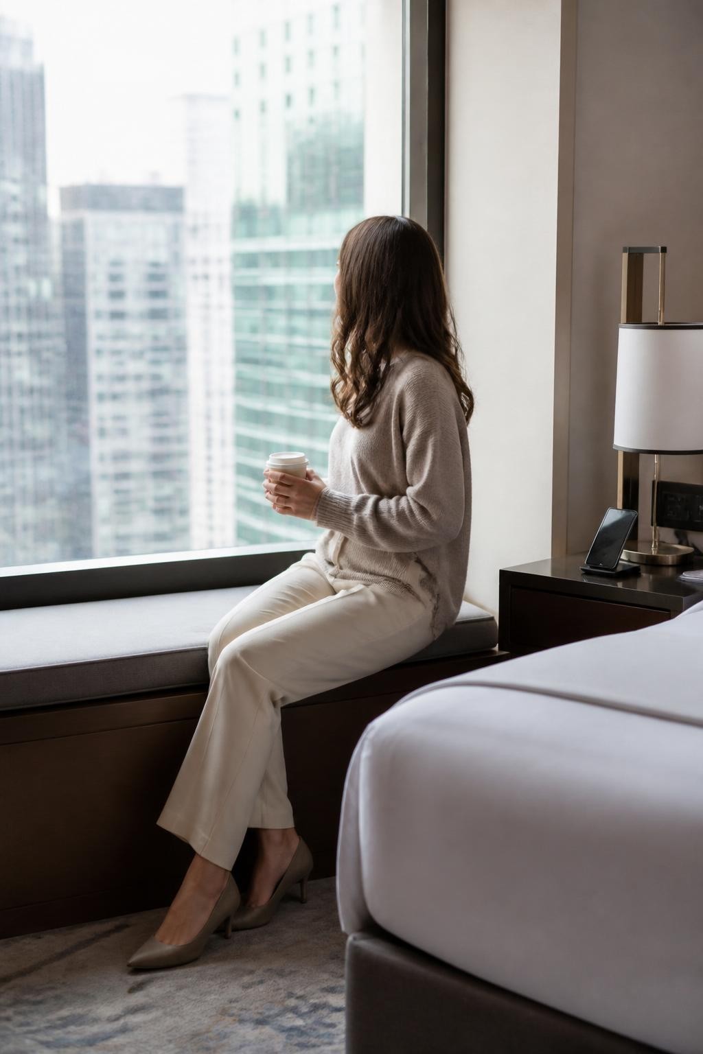 Image Prompt:
A realistic hotel room photoshoot of an adult woman sitting sideways on a low window bench in front of a large city-view hotel window, wearing a soft neutral sweater and tailored trousers. She is holding a coffee cup and looking out at the skyline, with her face turned away from the camera. The background shows blurred city buildings through the glass, soft daylight, a neat hotel bed nearby, and calm modern decor. Editorial travel lifestyle photography, realistic shadows and reflections, vertical image.