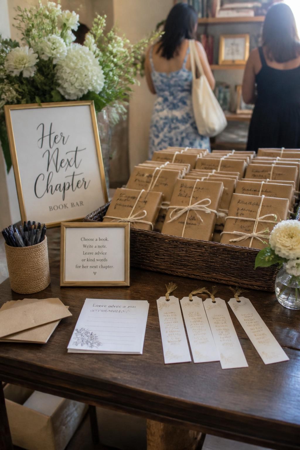 A realistic DSLR photo of a classy graduation book bar with wrapped books, custom bookmarks, fresh flowers, a “Her Next Chapter” sign, handwritten advice cards, small envelopes, and two guests in the background browsing books from behind and softly blurred, cozy indoor natural light, realistic editorial party setup.