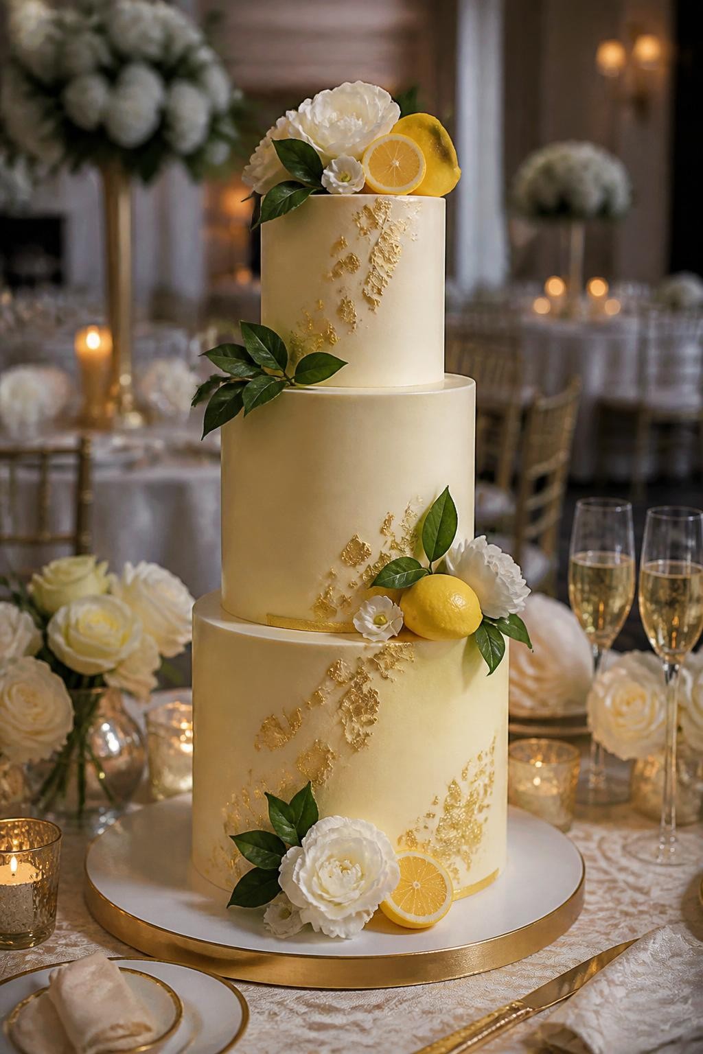 Image Prompt: Ultra-realistic wedding reception photo of a lemon and gold wedding cake with smooth ivory or pale yellow tiers, delicate edible gold leaf accents, thin gold trim, and soft lemon details. Place the cake on a luxury cake table at a real wedding party scene with candles, white and pale yellow floral centerpieces, gold table decor, champagne glasses, fine linens, and a softly blurred elegant reception background. Keep the cake front and center. No visible faces. If people appear, show only hands, back views, side views in blur, or neck-down figures. Realistic gold shine, fresh lemon accents, refined DSLR event photography. (no watermarks on images)