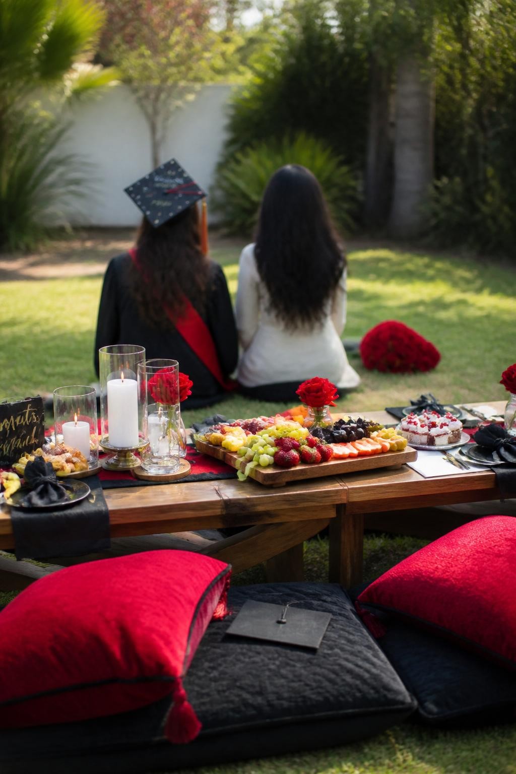 Image prompt: A realistic DSLR photo of a classy red and black graduation picnic with low wooden tables, black cushions, red velvet-style throw pillows, fruit boards, mini cakes, candles in glass holders, and a graduate seated with a friend from behind softly out of focus on the lawn, sunny backyard setting, polished realistic picnic styling.